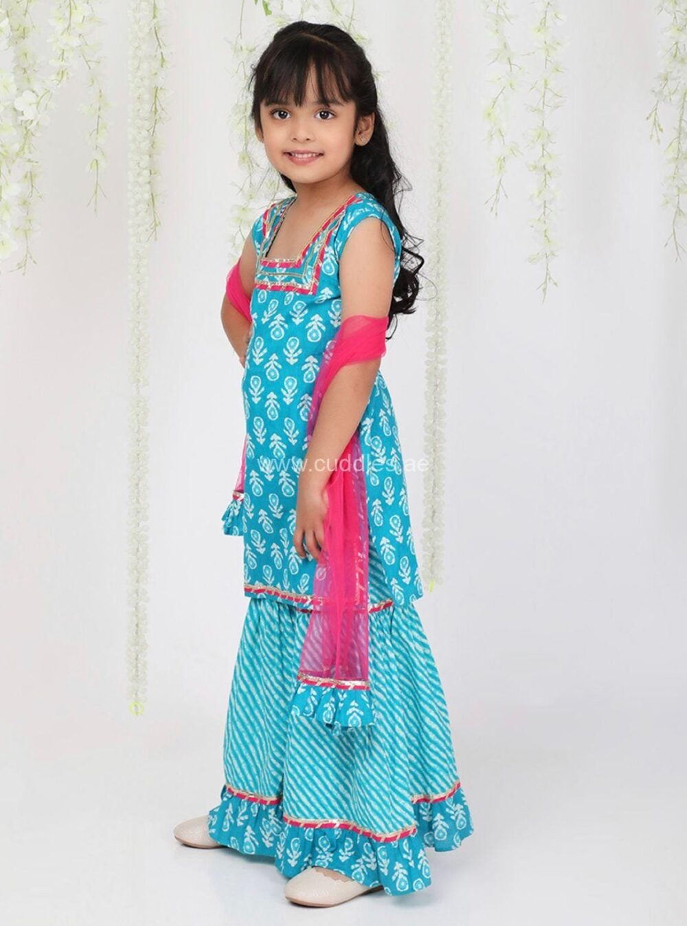 Blue & pink Kurti with Sharara and Dupatta set - Image 2