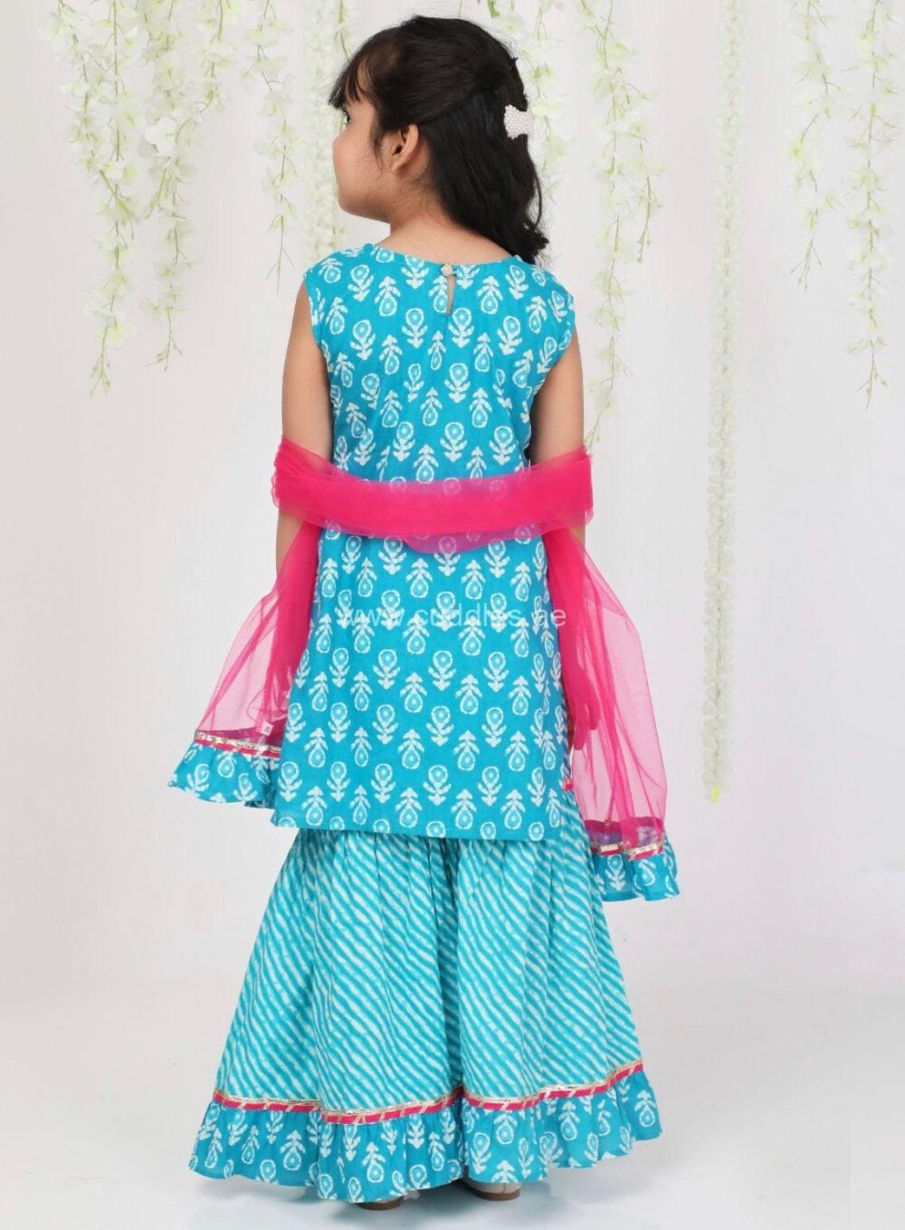 Blue & pink Kurti with Sharara and Dupatta set - Image 3