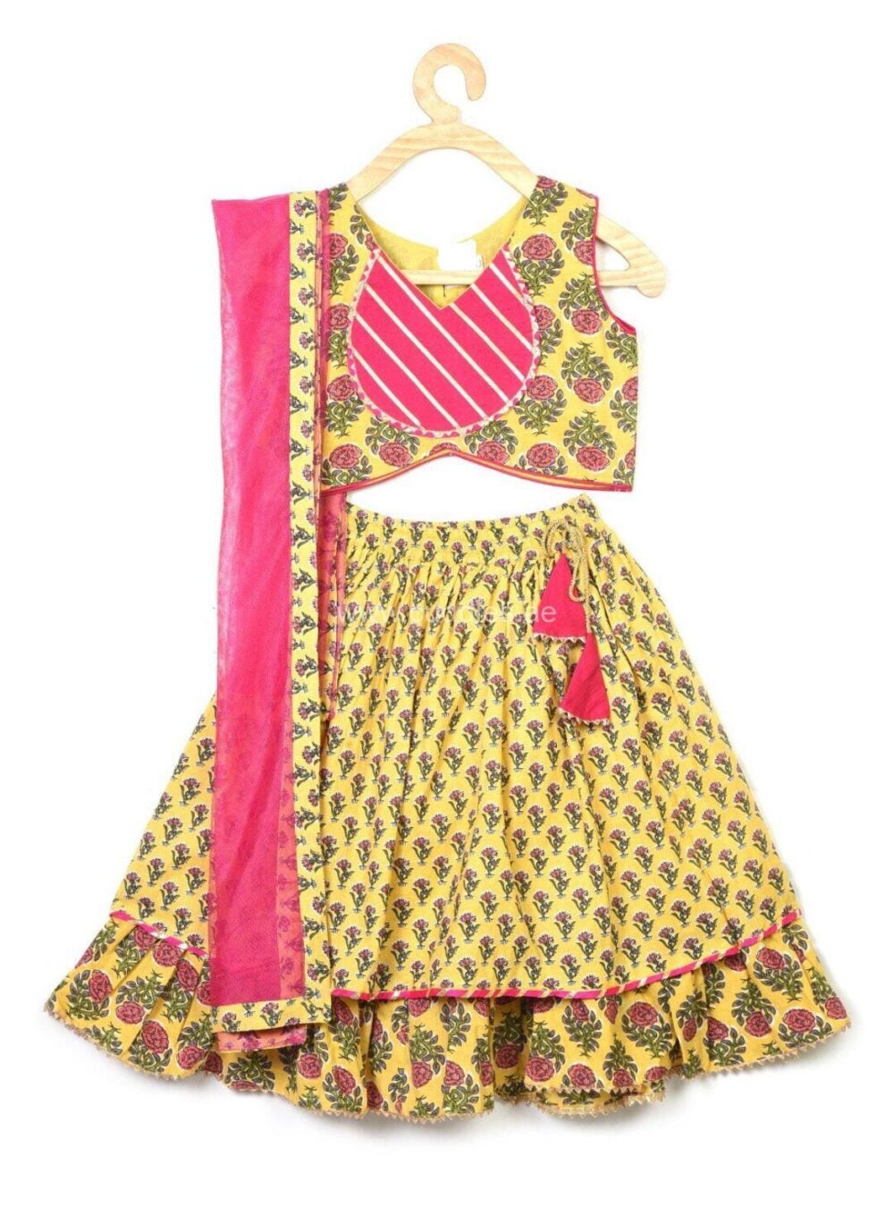 Girl's Yellow And Pink Lehenga Choli With Dupatta