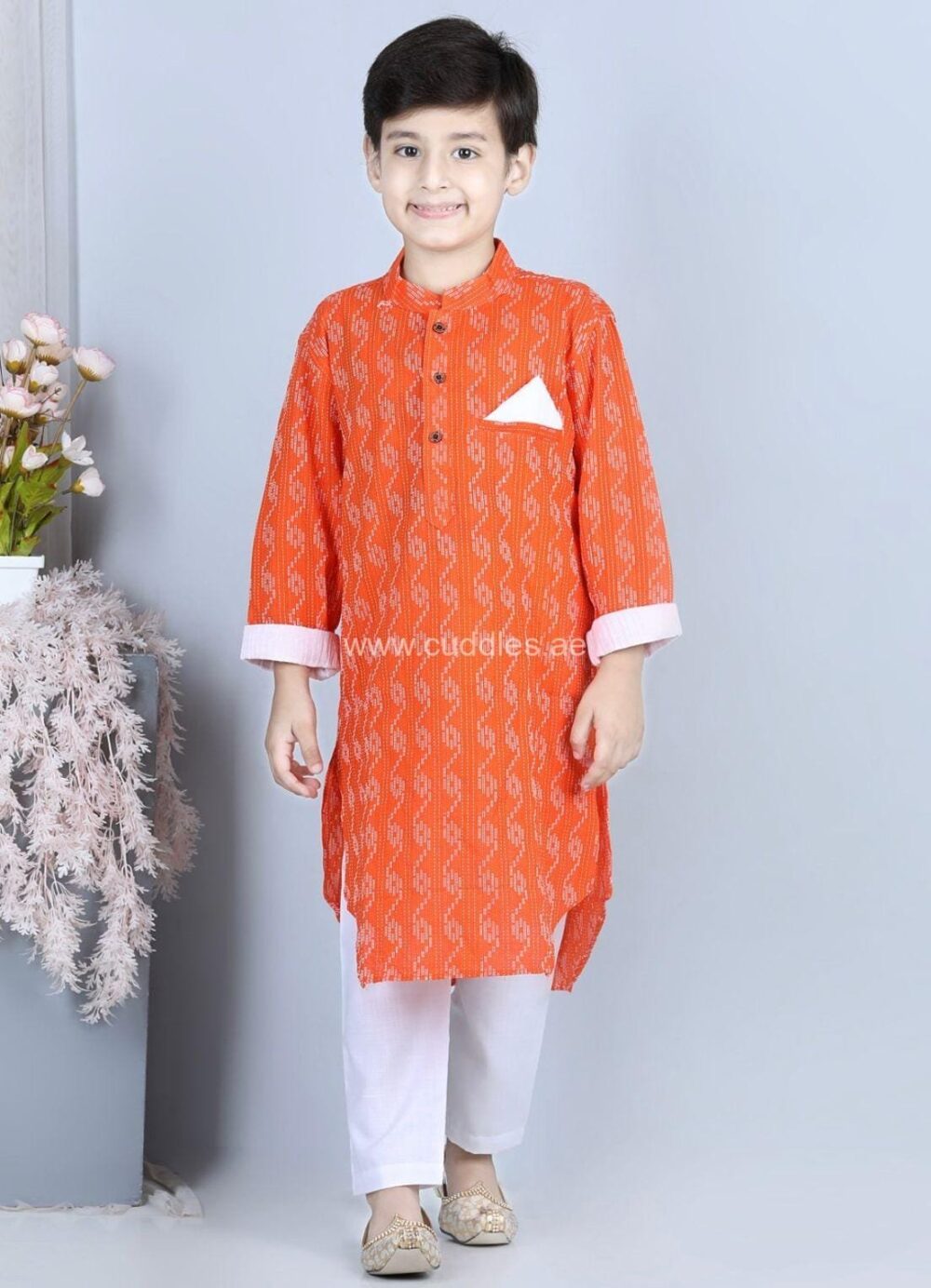 Dark Orange solid cotton Kurta pajama