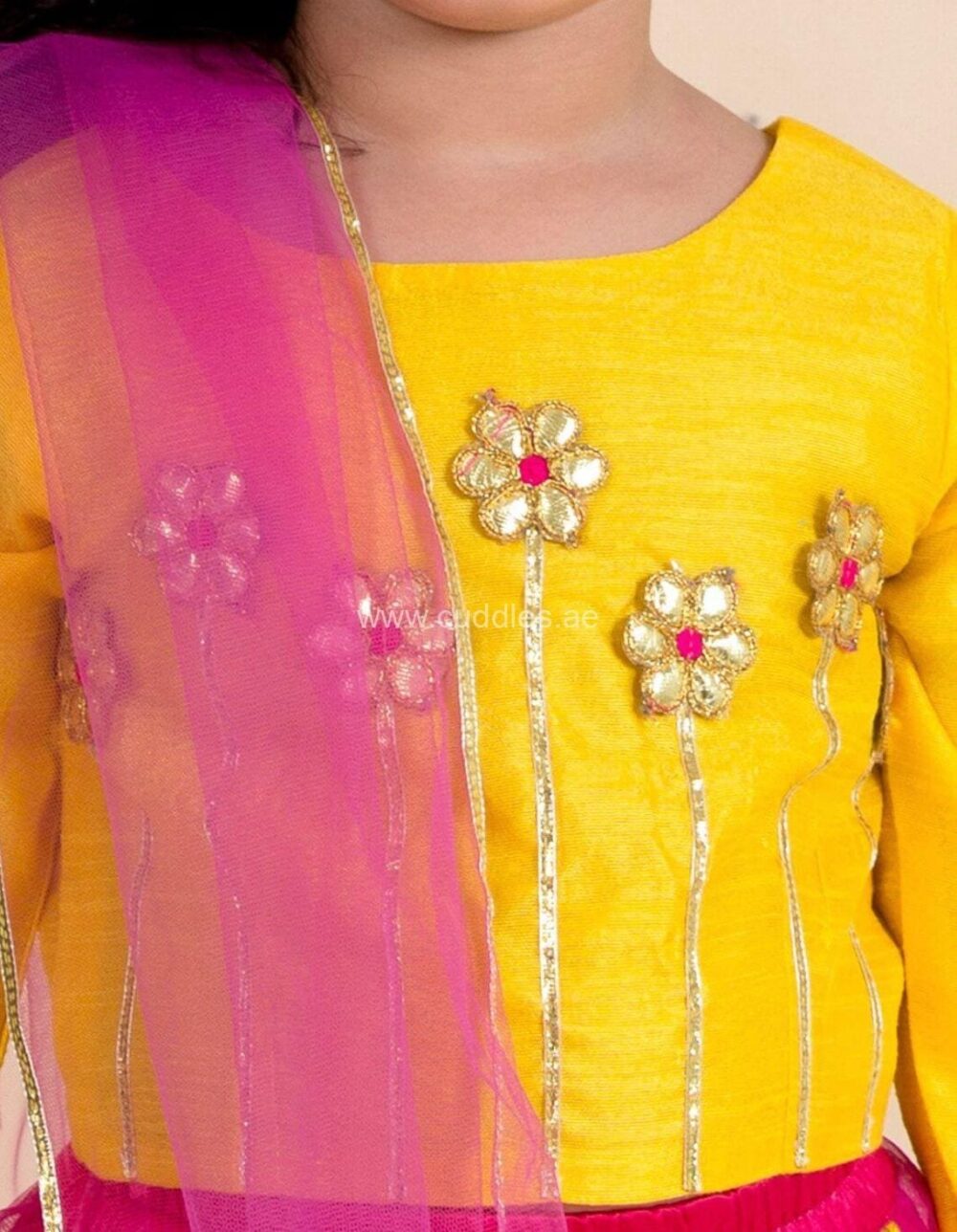 Bright yellow Rani pink Lehenga Choli with Dupatta set - Image 3