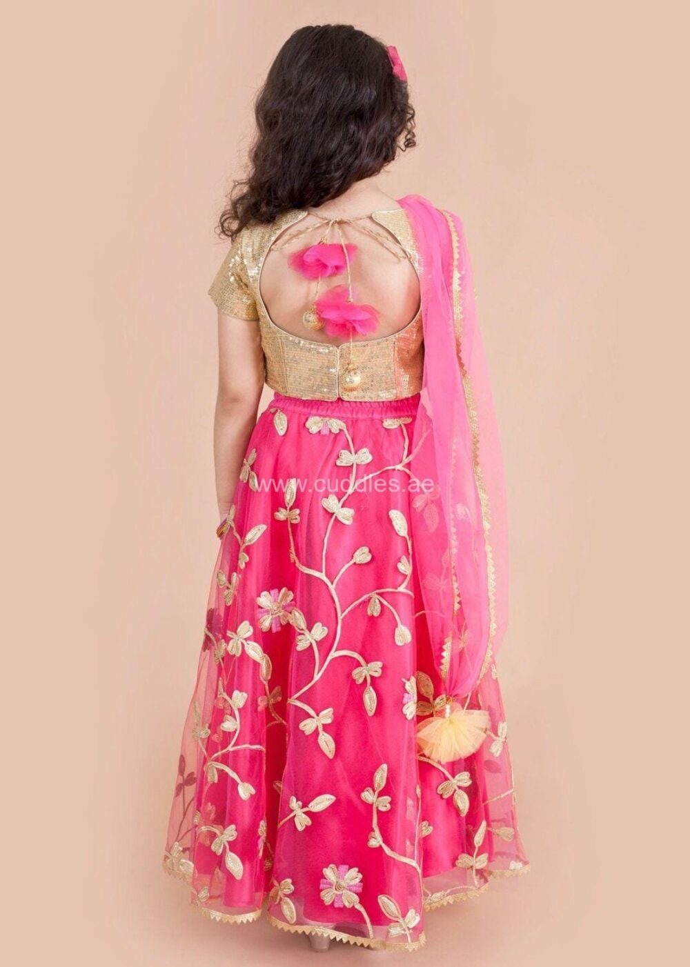 Shimmer Golden and Rani pink Sequins Lehenga Choli set - Image 3