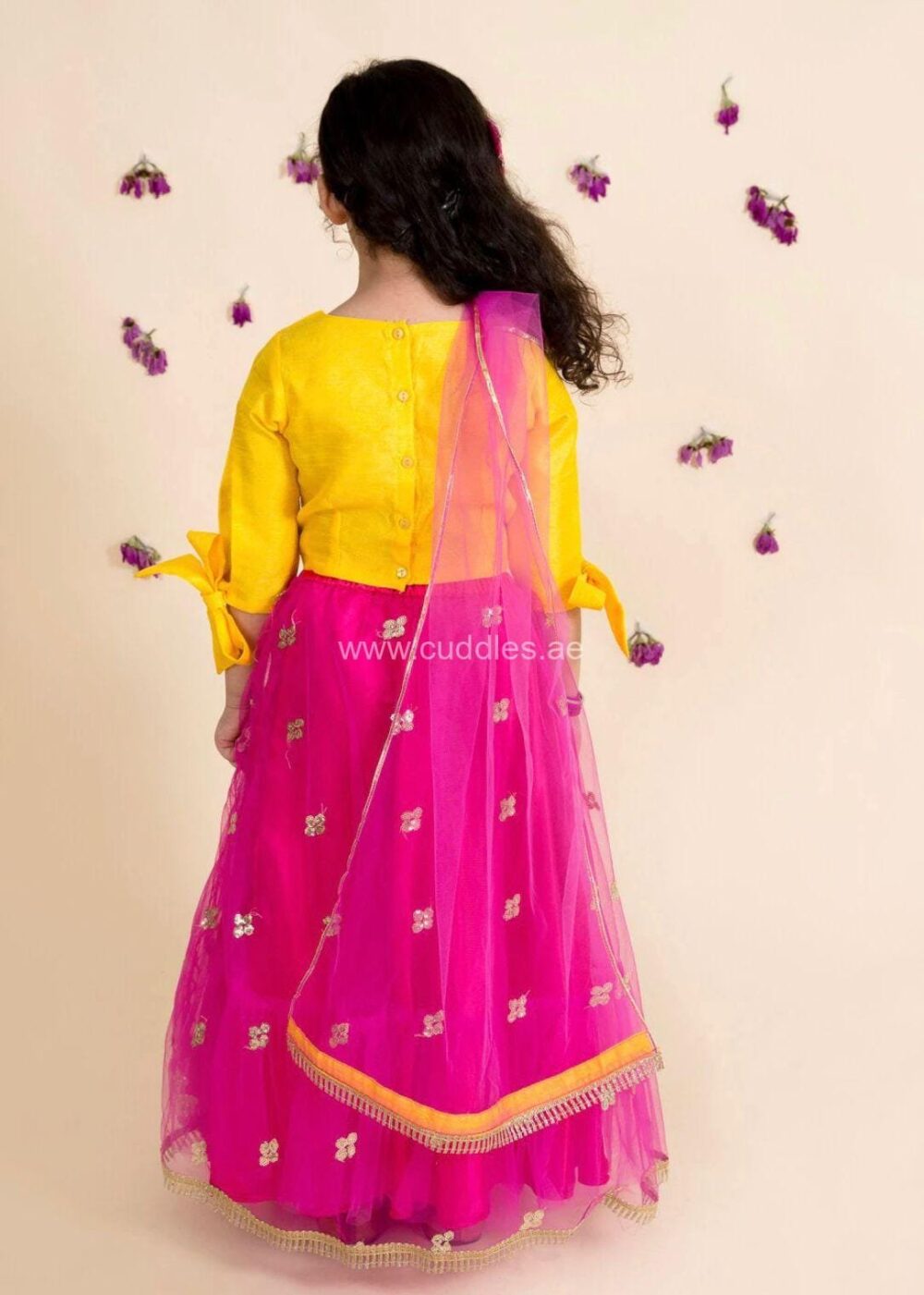 Bright yellow Rani pink Lehenga Choli with Dupatta set - Image 2