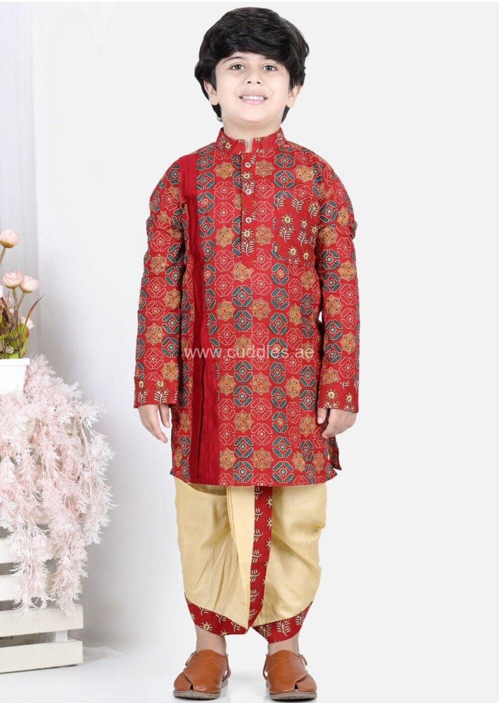 Red printed Kurta with Dhoti pants - Image 3