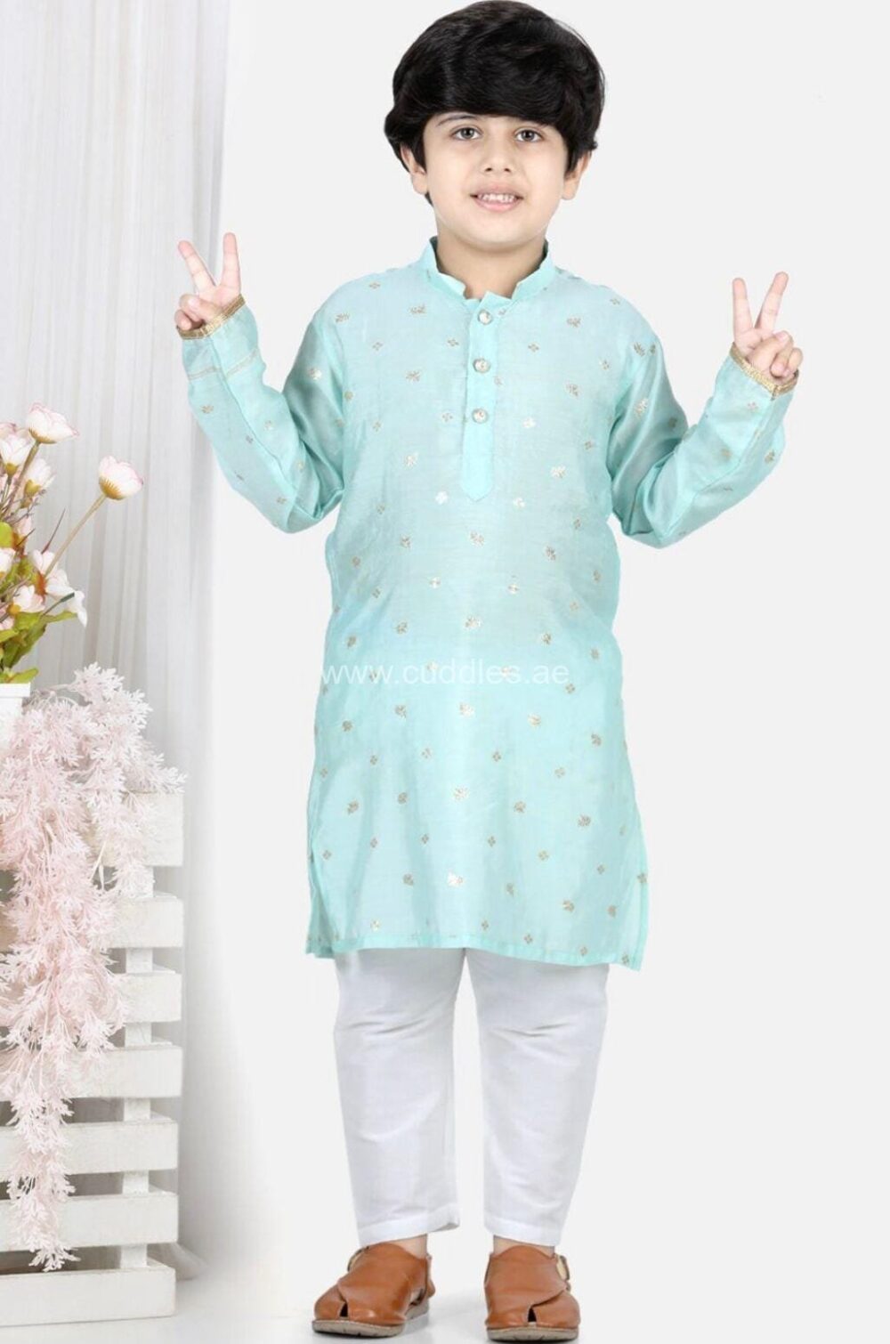 Sky blue Motif printed Kurta with pajama - Image 3