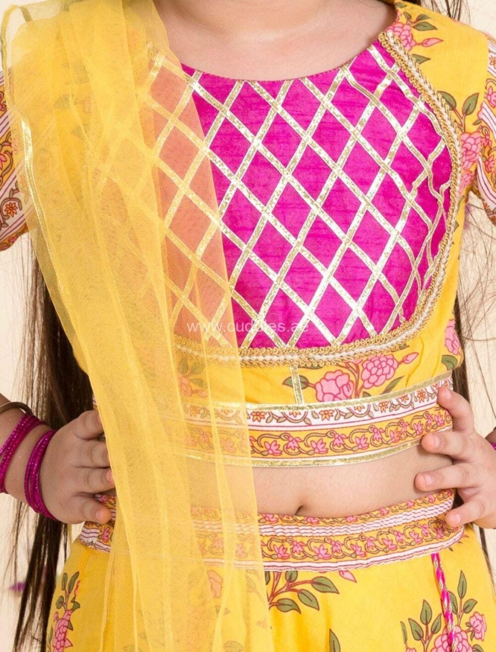 Sunny yellow and pretty pink Lehenga Choli with Dupatta set. - Image 4