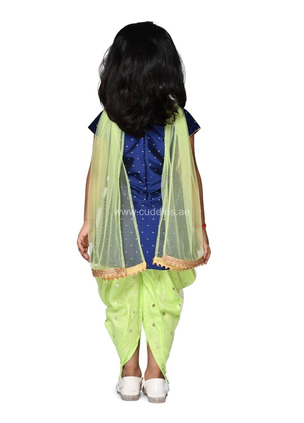 Navy Blue self design Angrakha Kurti with Dhoti pants and Dupatta - Image 3