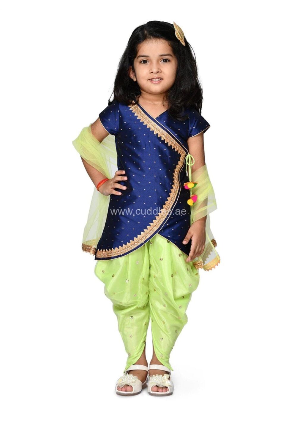 Navy Blue self design Angrakha Kurti with Dhoti pants and Dupatta