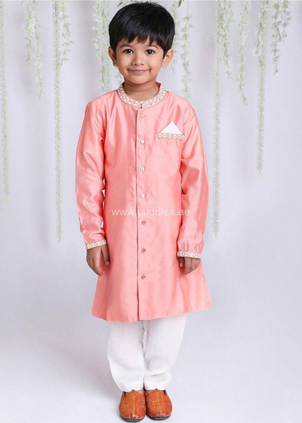 Peach Embroidered Sherwani with Pajama set