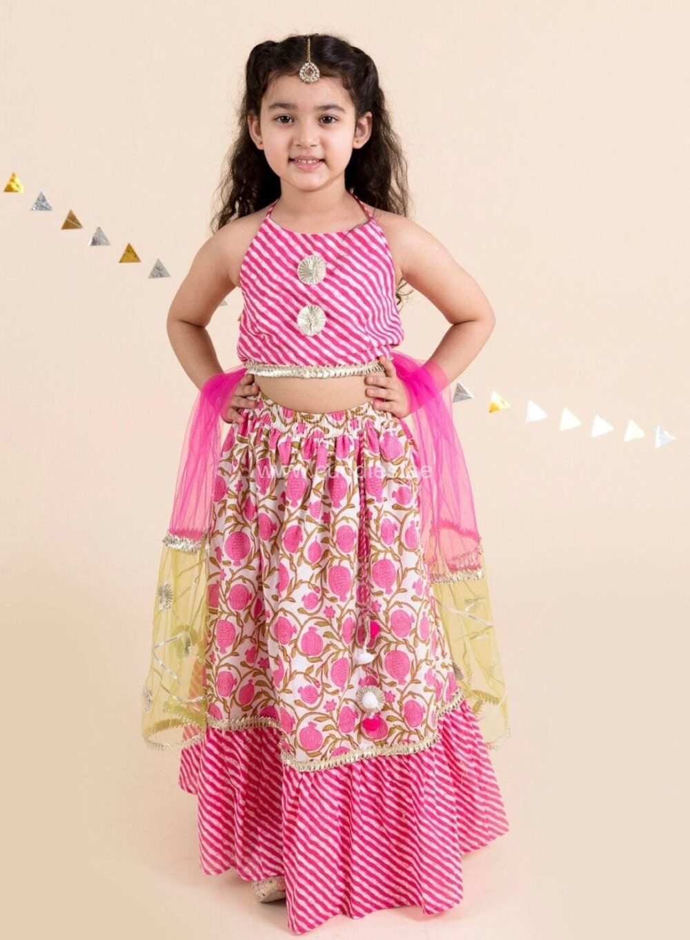 Pink and white printed Lehenga Choli with Dupatta