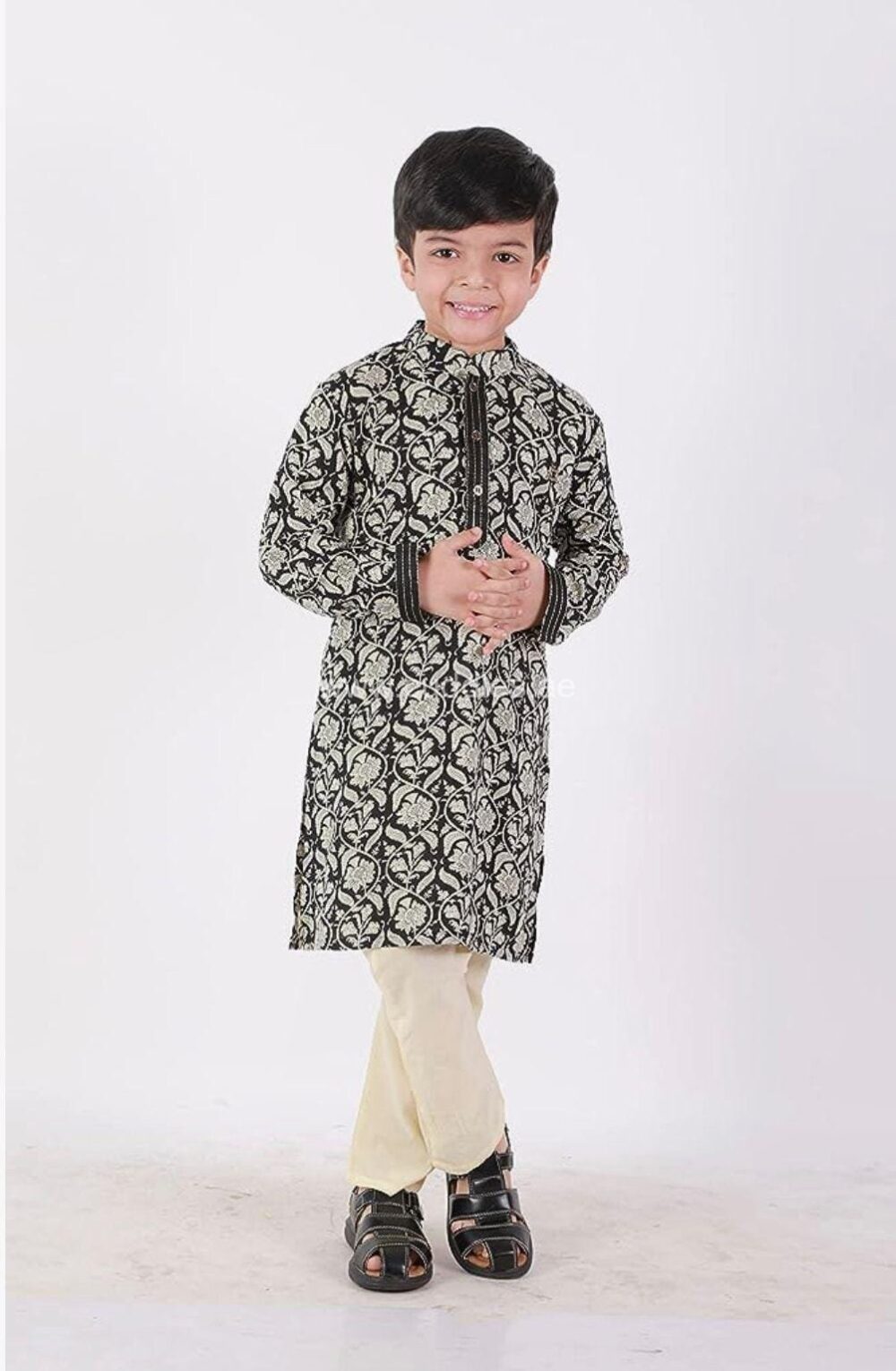 Black and beige floral printed Kurta pajama set