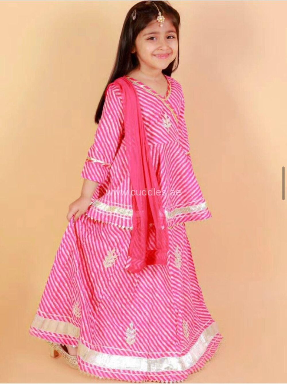 Pink Leheriya Kurti Skirt set with Dupatta