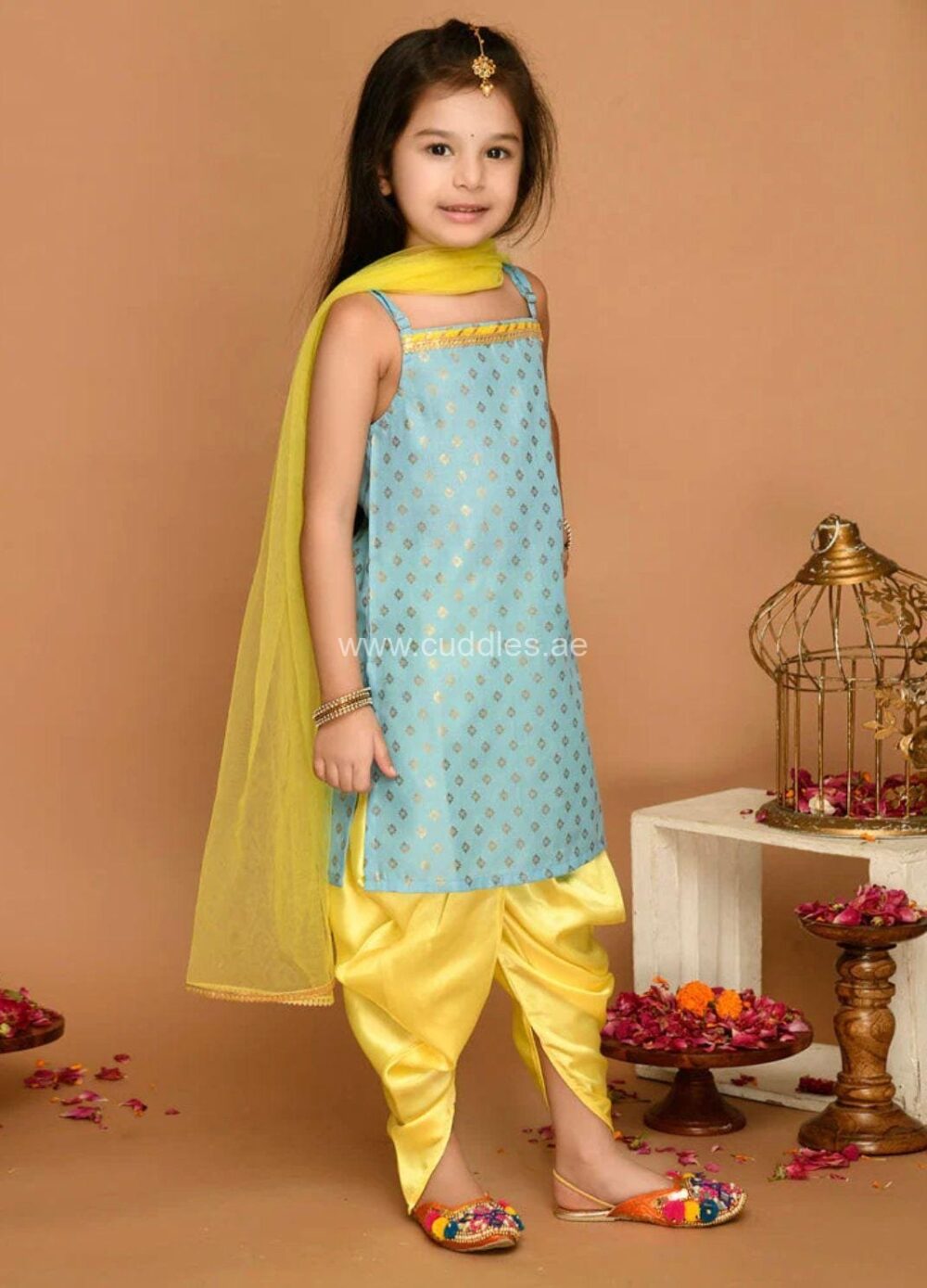 Sky Blue yellow Kurti with Dhoti set - Image 3