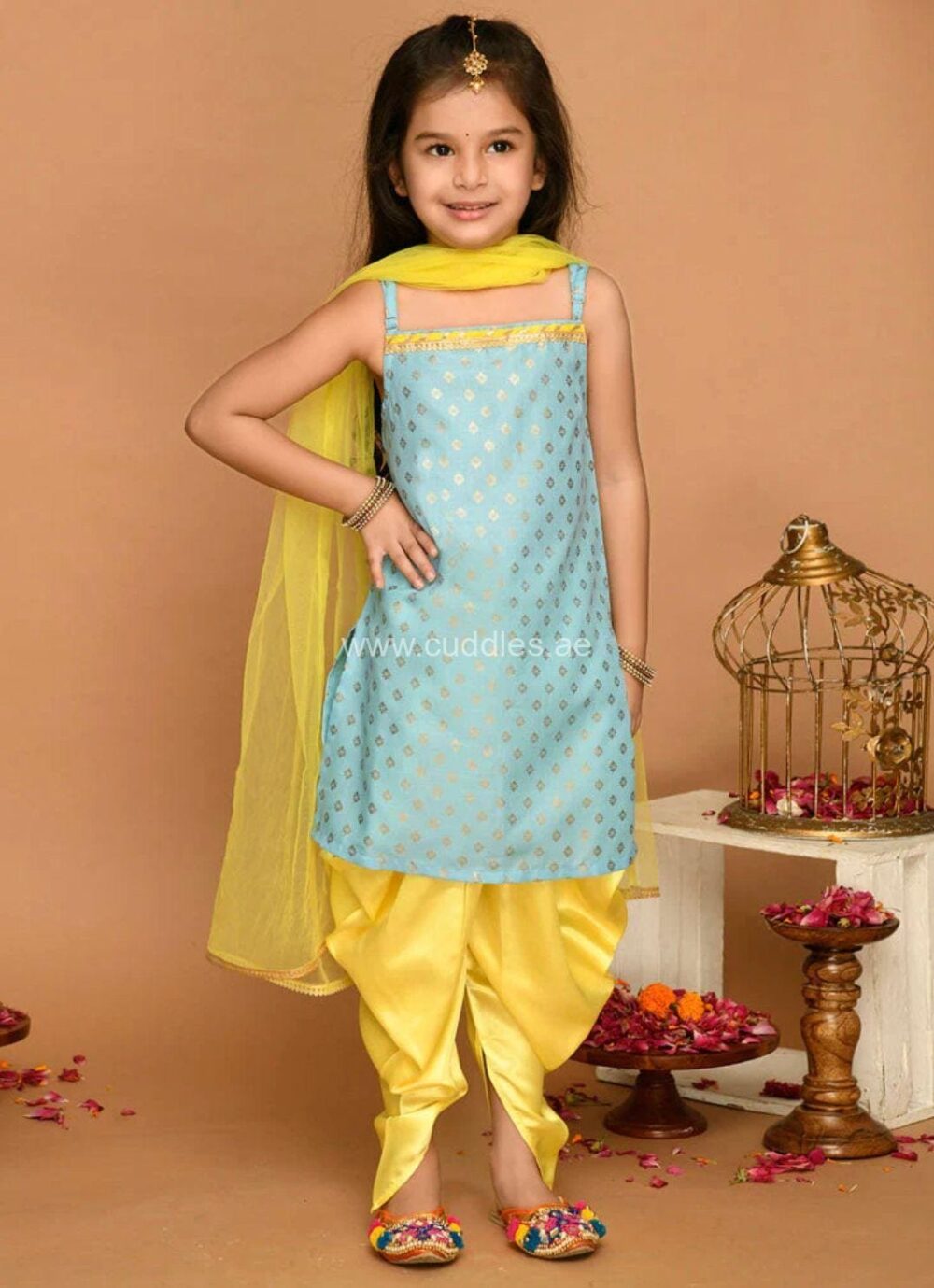 Sky Blue yellow Kurti with Dhoti set