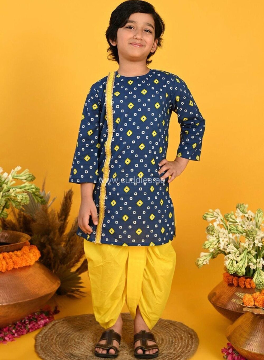 Dark Blue and Yellow Bandhani printed Dhoti kurta set