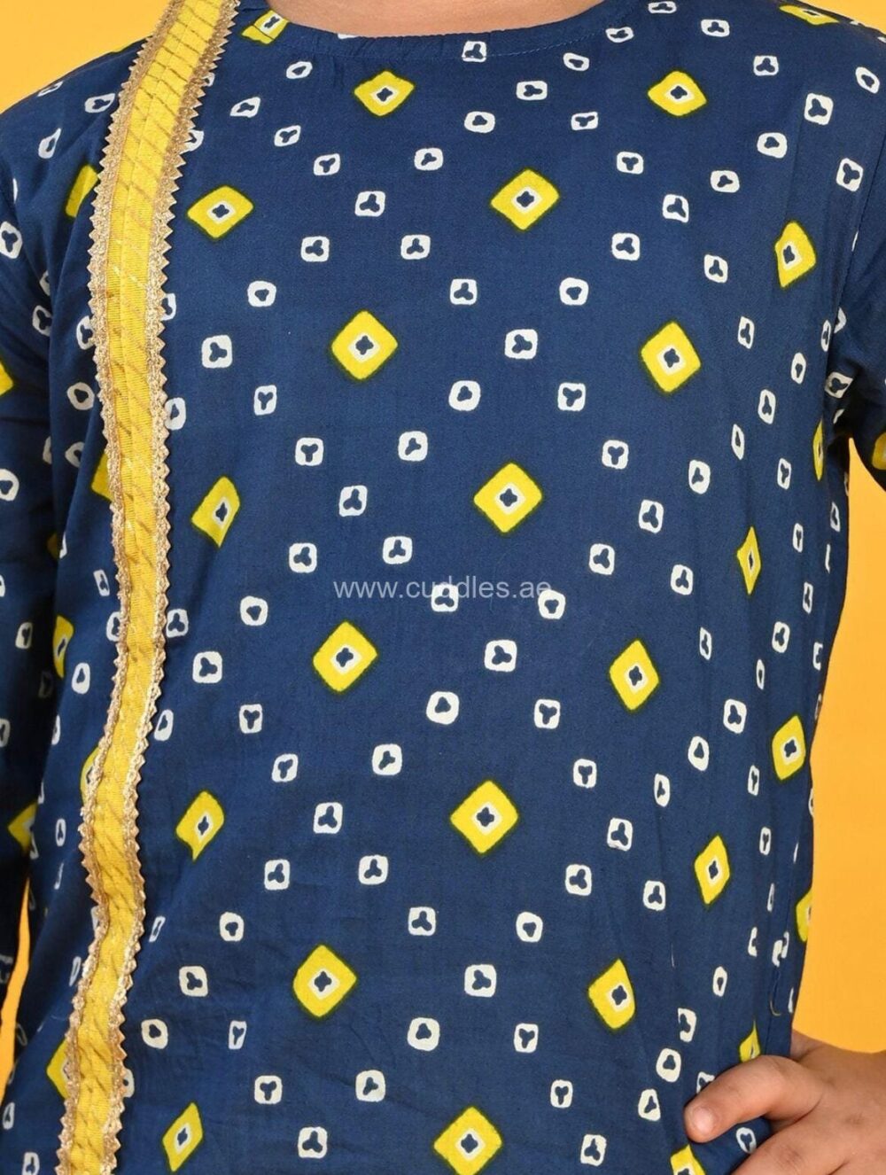 Dark Blue and Yellow Bandhani printed Dhoti kurta set - Image 3