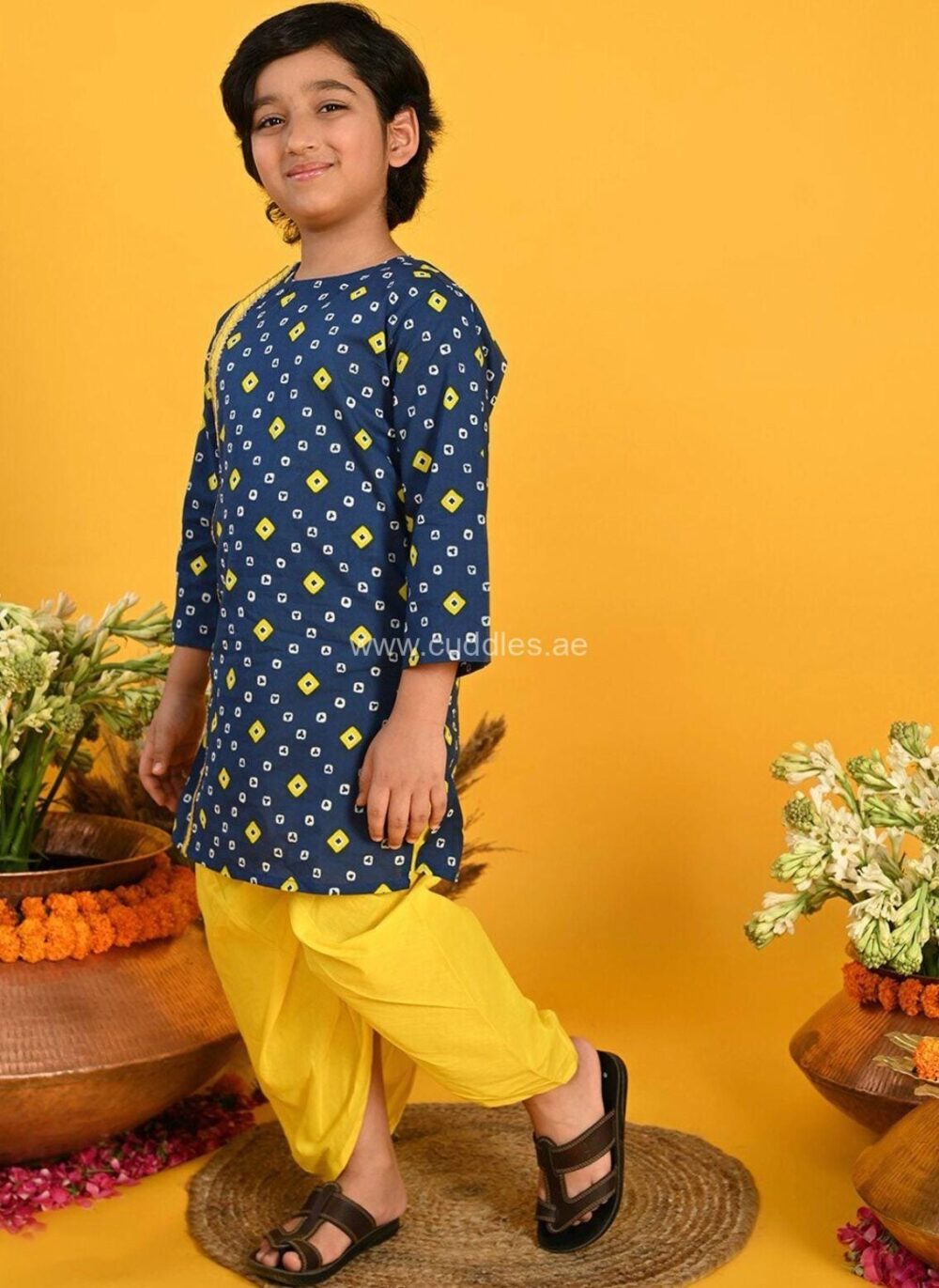 Dark Blue and Yellow Bandhani printed Dhoti kurta set - Image 2