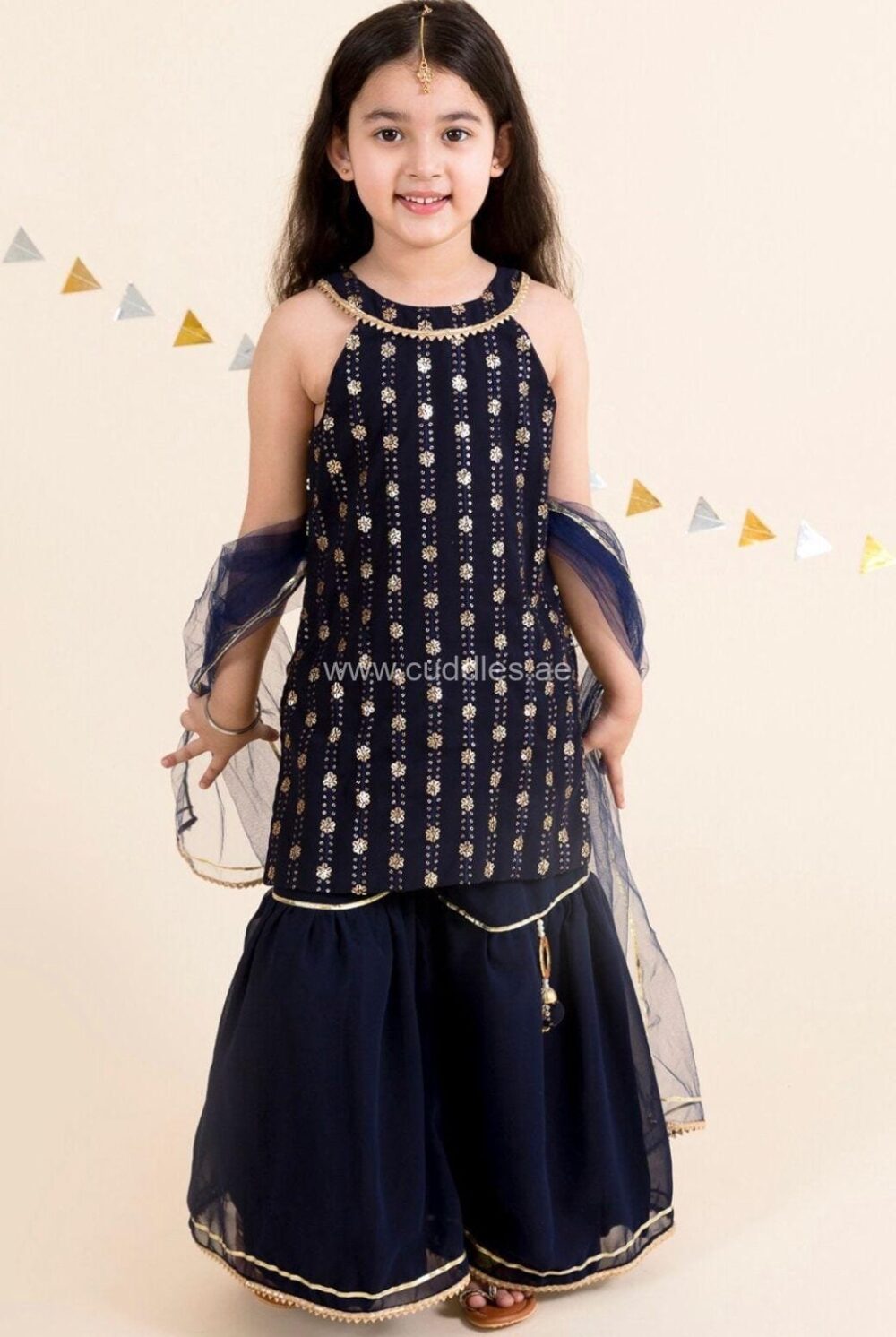 Dark Blue heavy sequined Kurti Sharara set