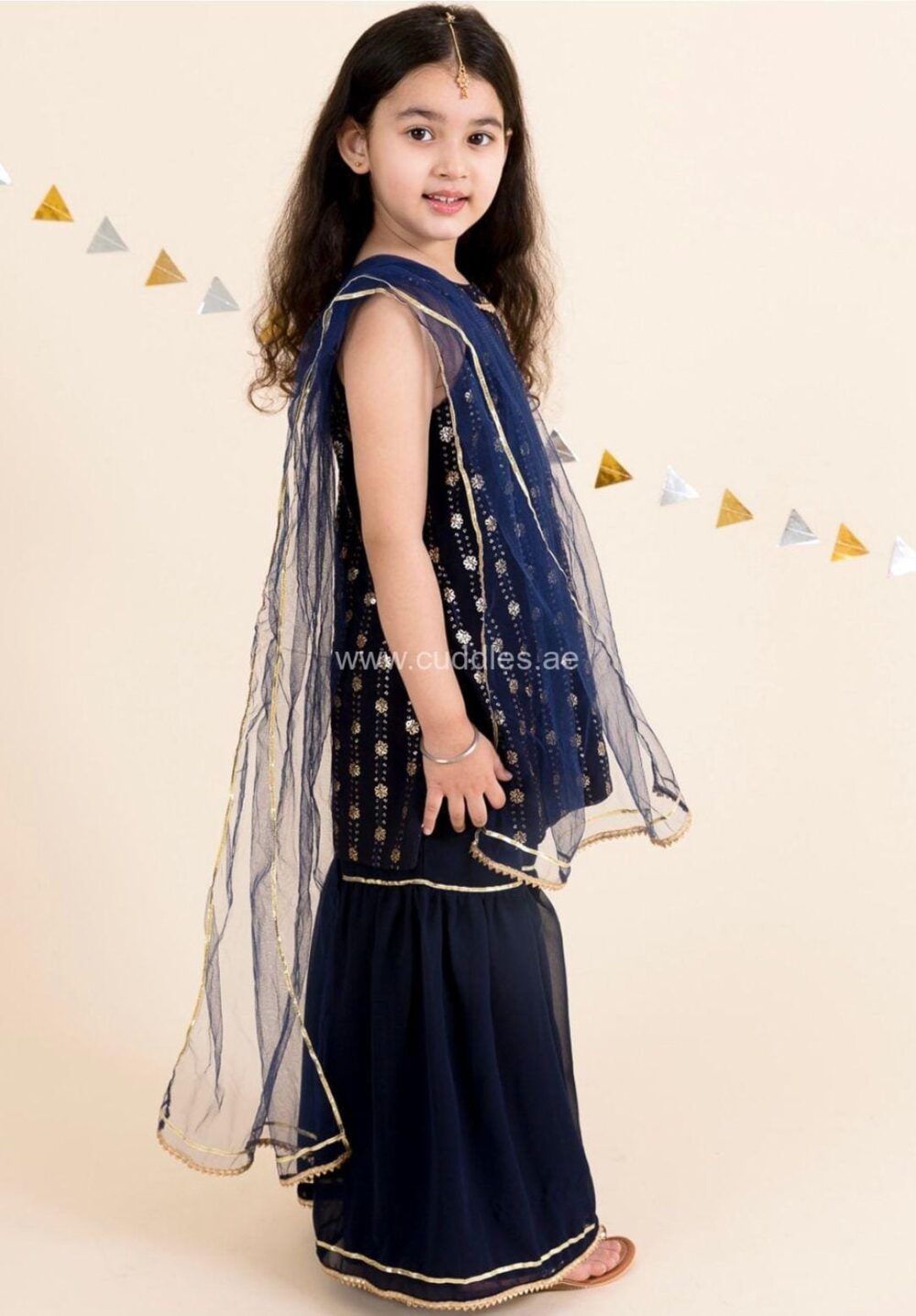 Dark Blue heavy sequined Kurti Sharara set - Image 2