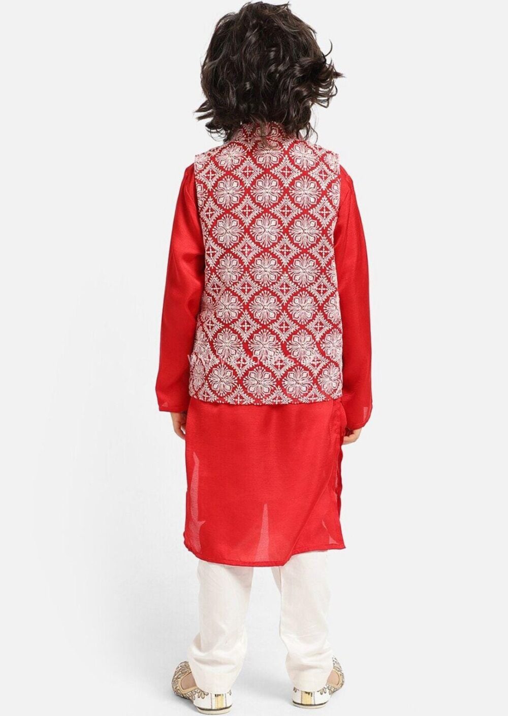 Red embroidered Jacket Kurta and pajama set - Image 3