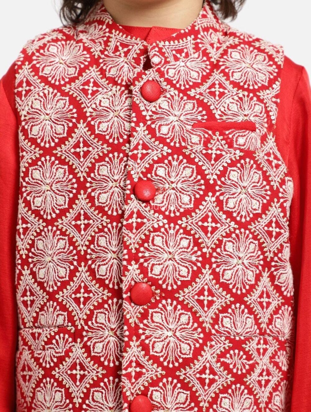 Red embroidered Jacket Kurta and pajama set - Image 2