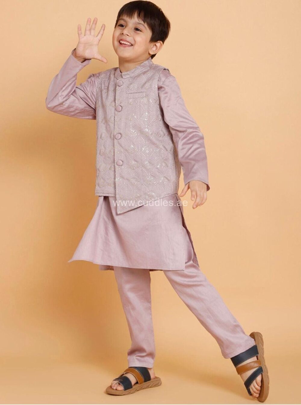 Mauve embroidered Jacket Kurta and pajama set - Image 3