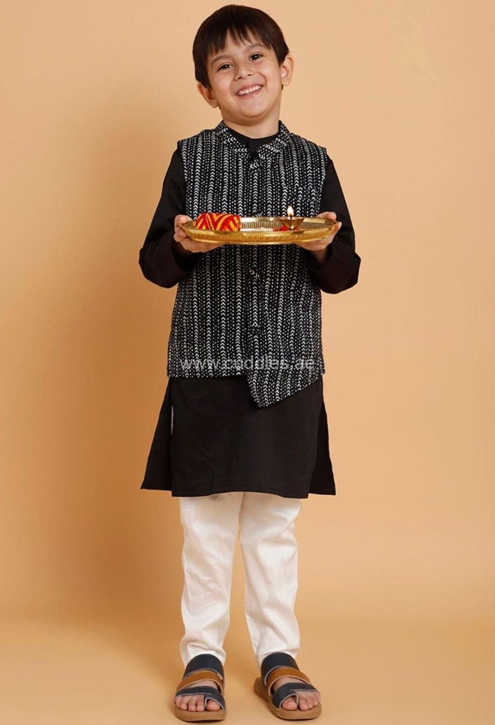 Black printed Jacket Kurta and pajama set - Image 2