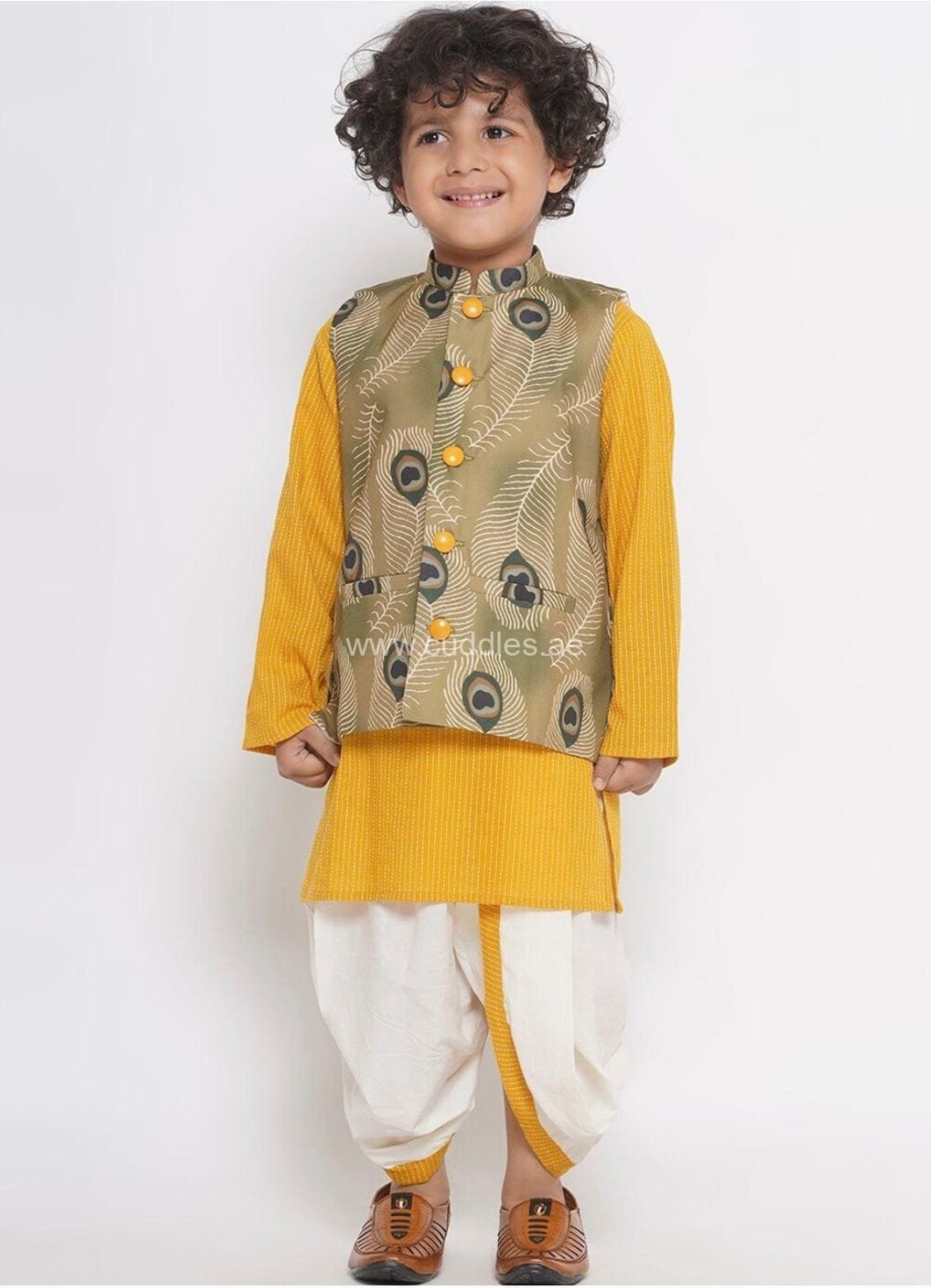 Yellow Striped kurta with Dhoti and waistcoat