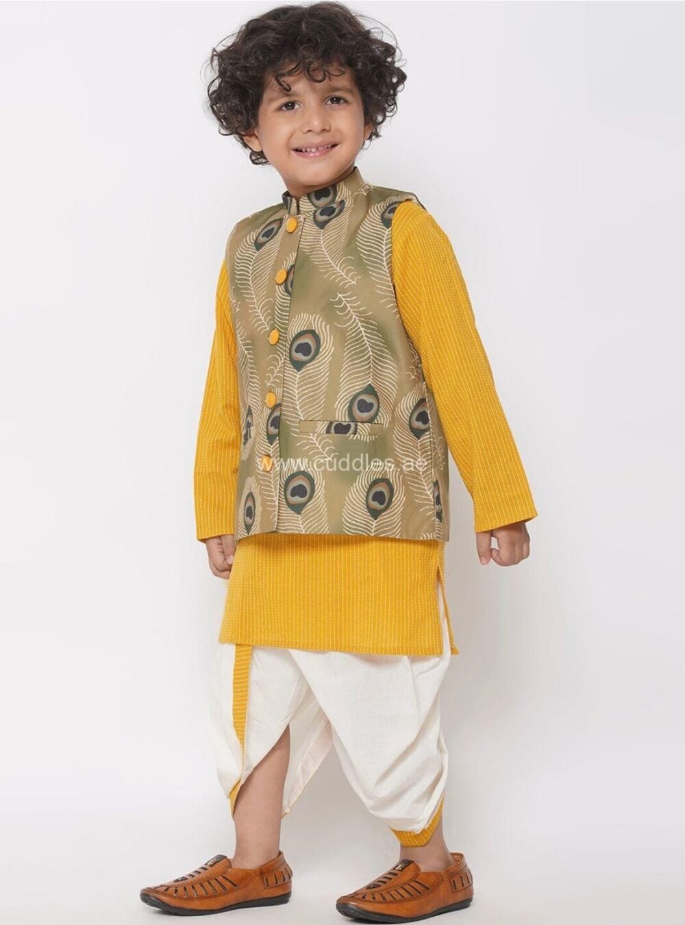 Yellow Striped kurta with Dhoti and waistcoat - Image 3