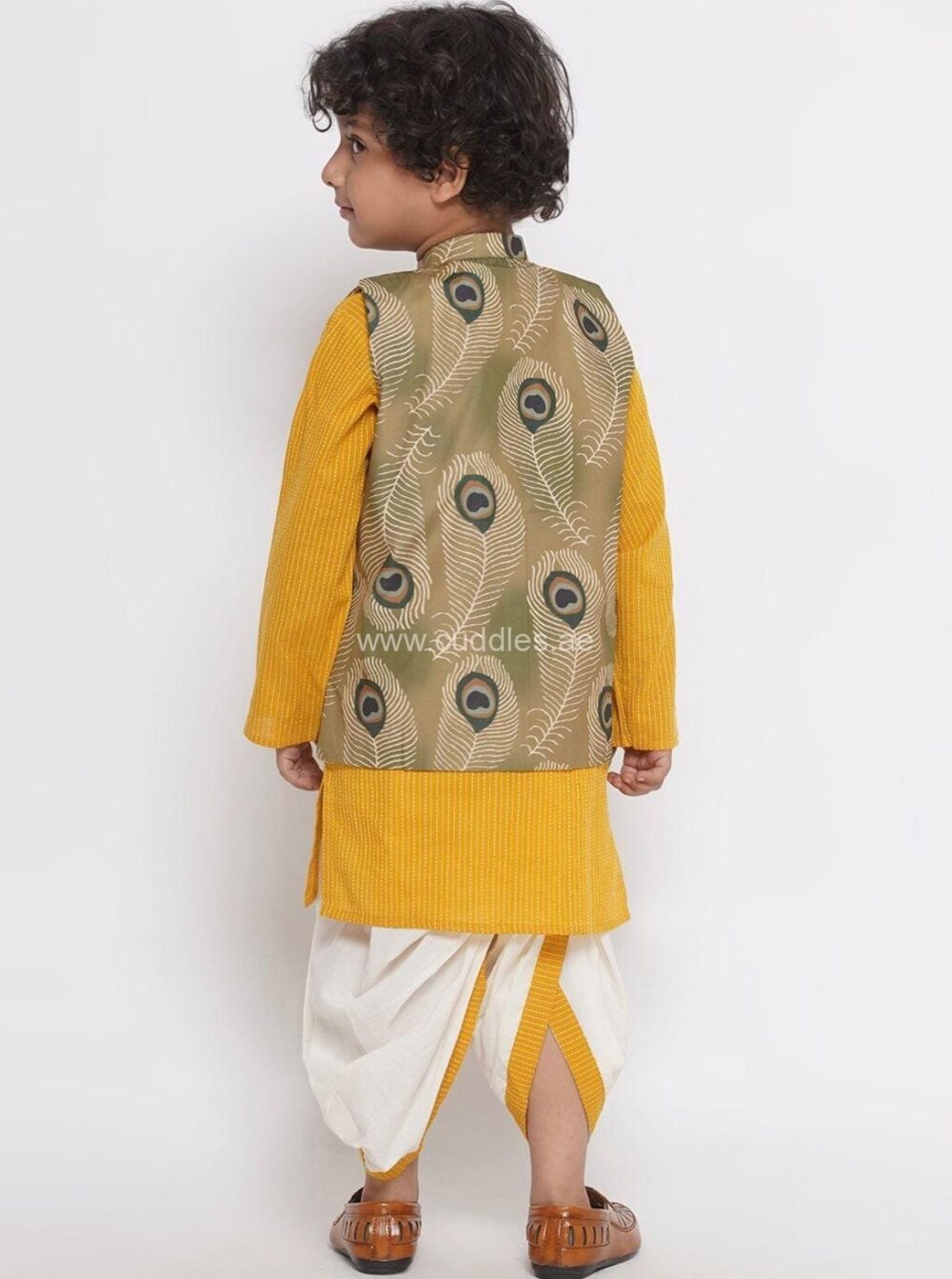 Yellow Striped kurta with Dhoti and waistcoat - Image 4