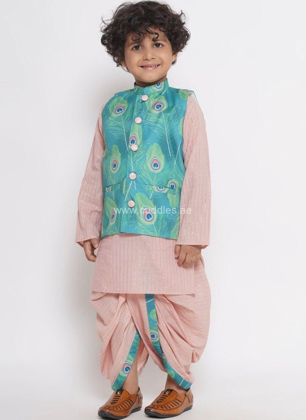 Peach Striped kurta with Dhoti and waistcoat