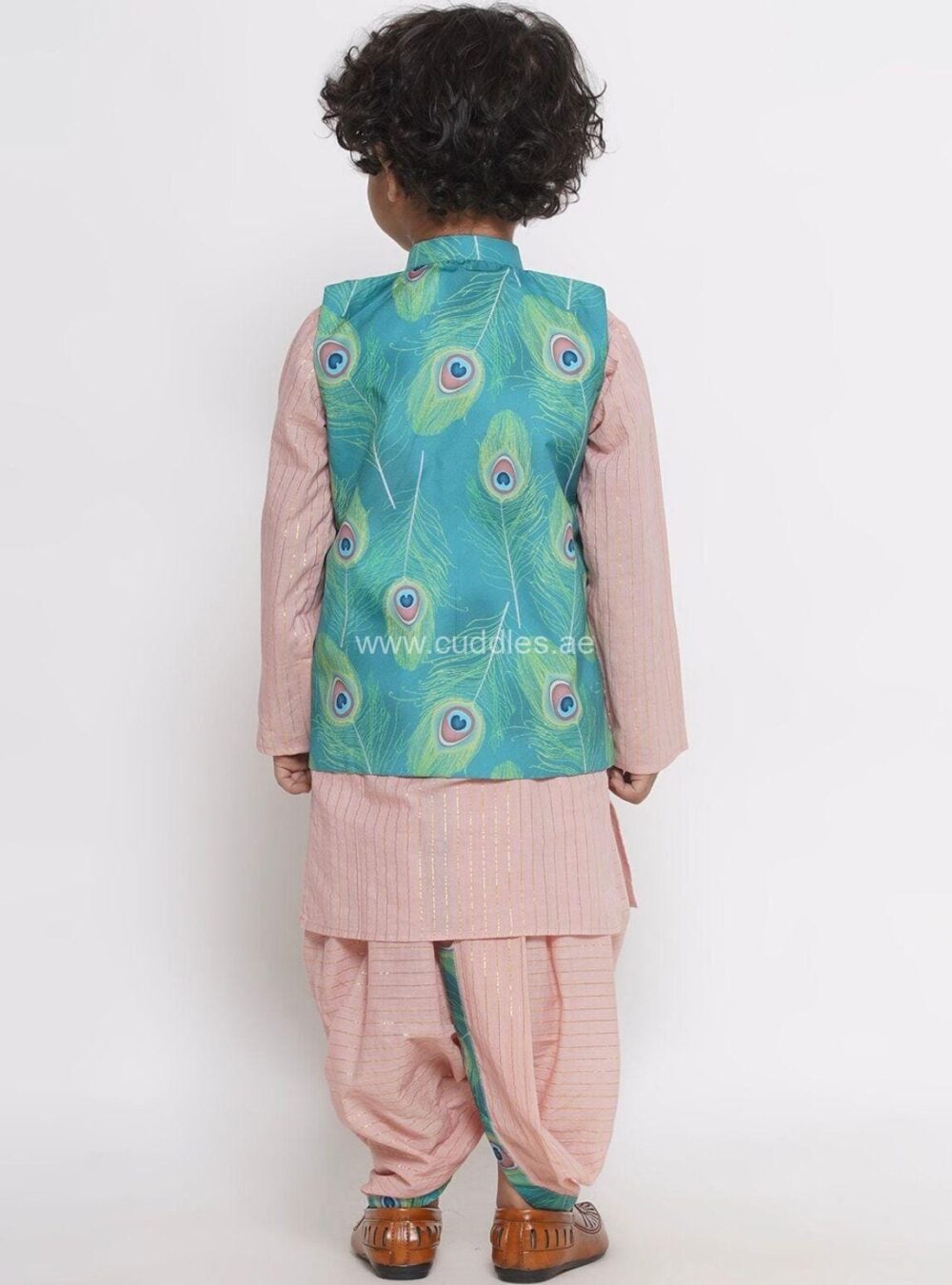 Peach Striped kurta with Dhoti and waistcoat - Image 3