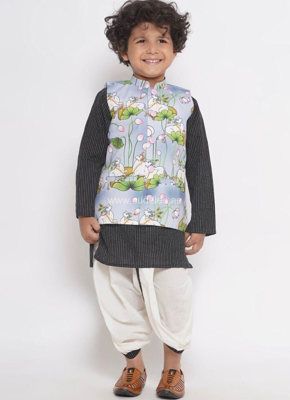 Black Striped kurta with Dhoti and waistcoat