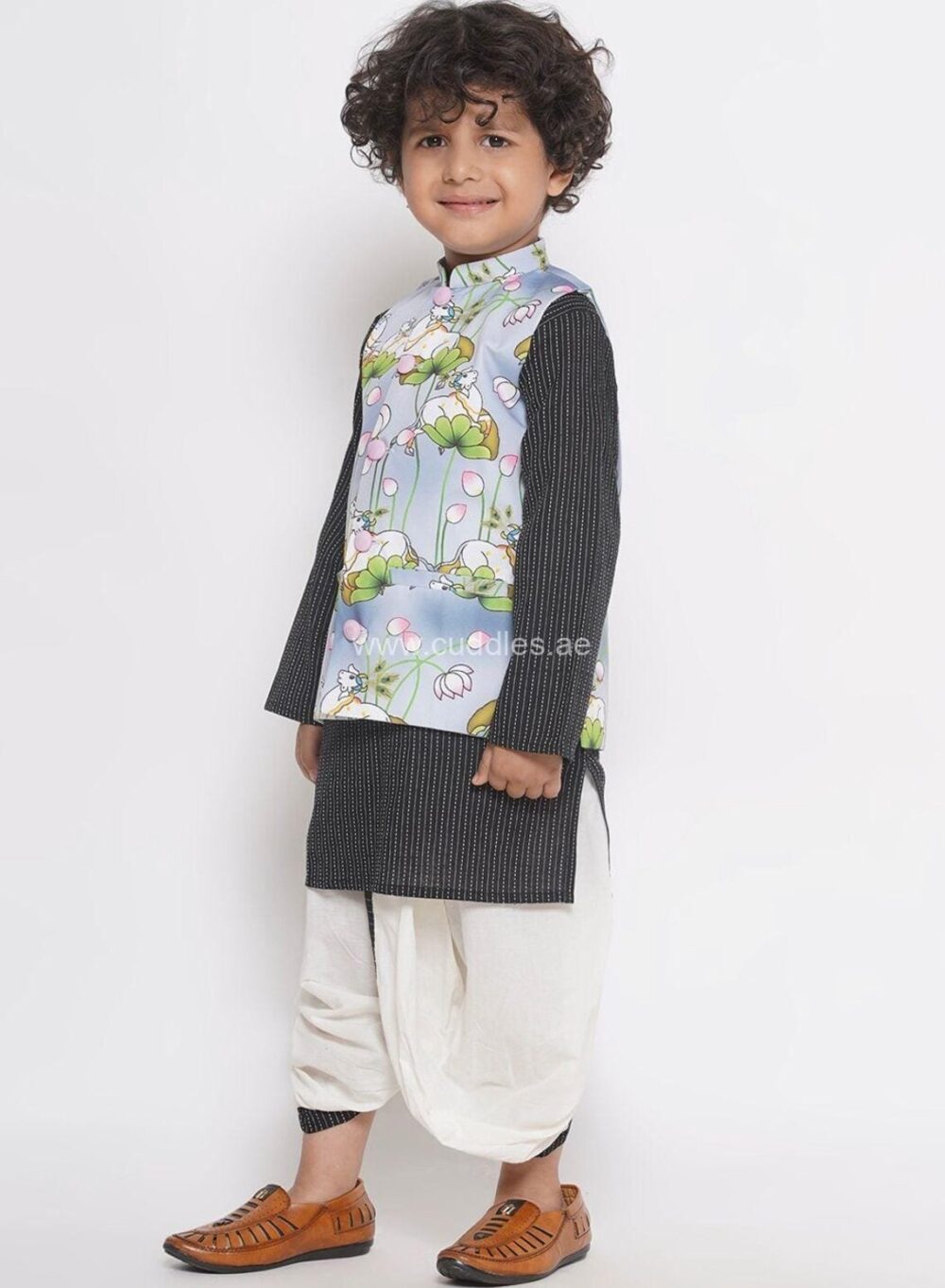 Black Striped kurta with Dhoti and waistcoat - Image 4