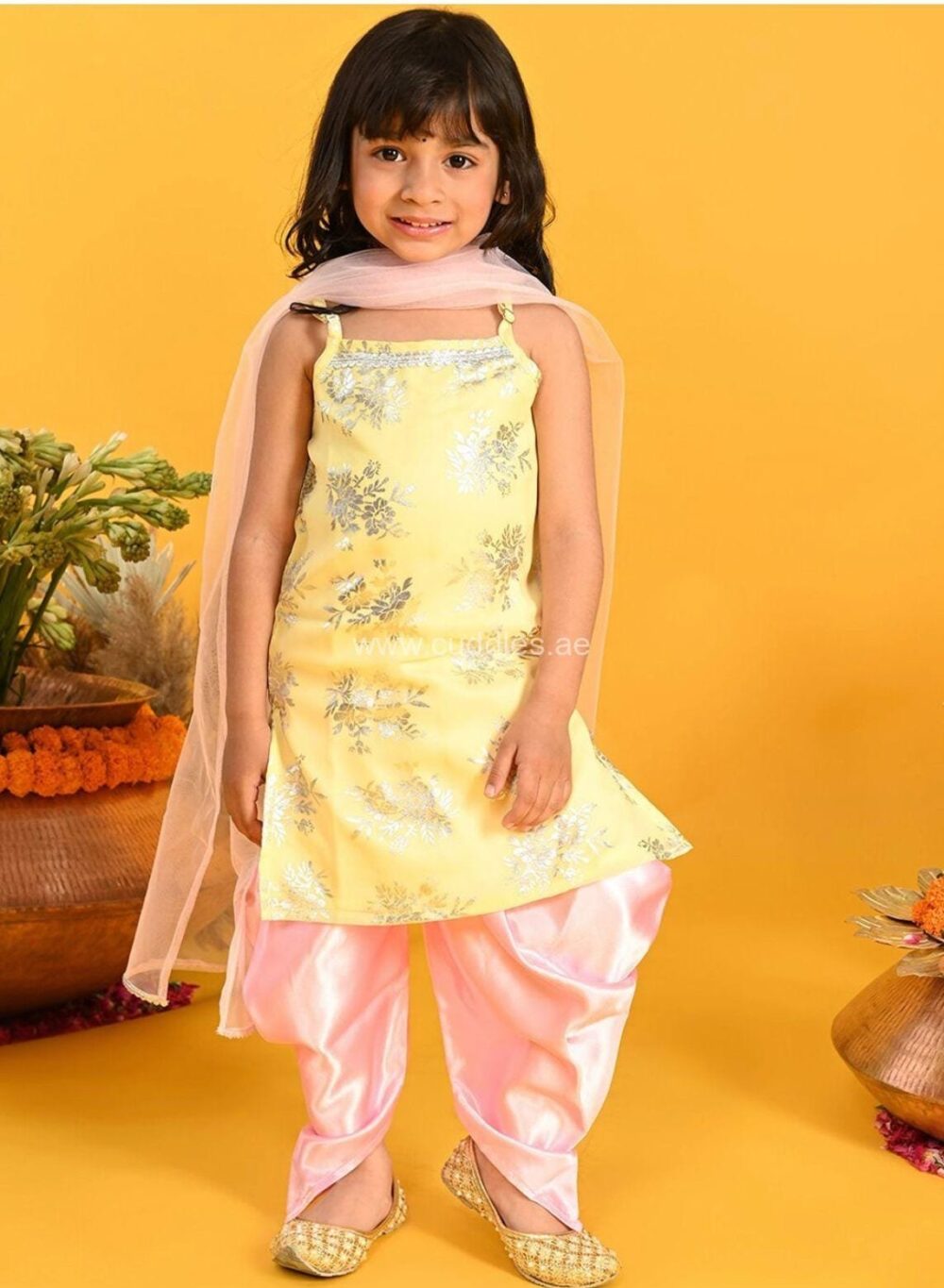 Yellow Foil printed Kurti with Dhoti pants and Dupatta