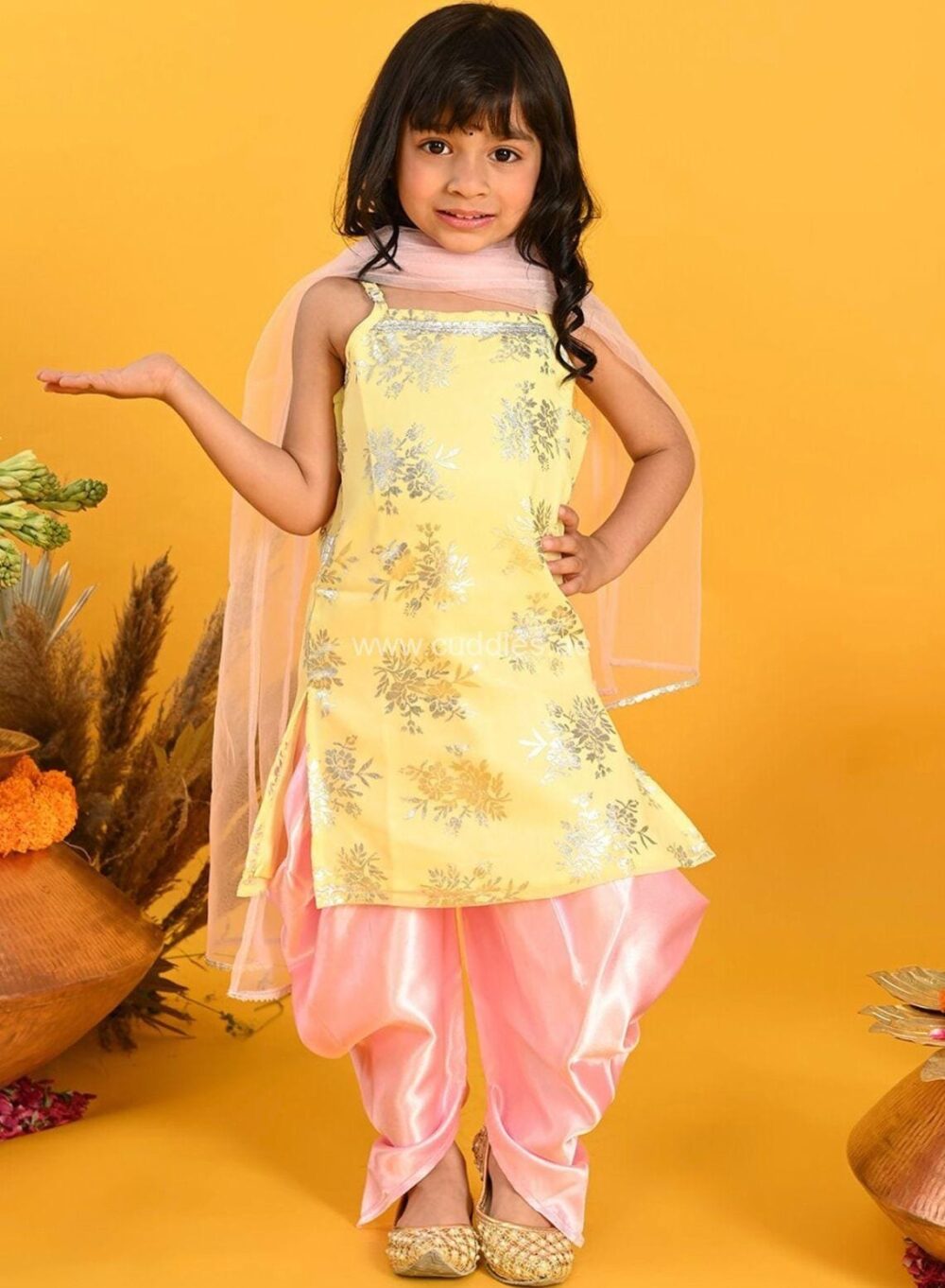 Yellow Foil printed Kurti with Dhoti pants and Dupatta - Image 2