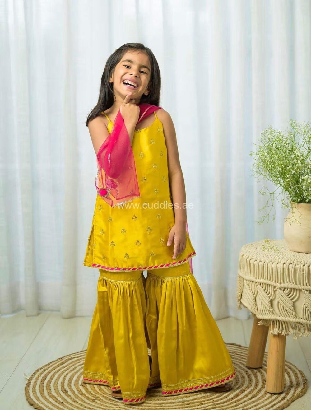 Golden yellow  straped Kurti with Sharara and Dupatta set - Image 3