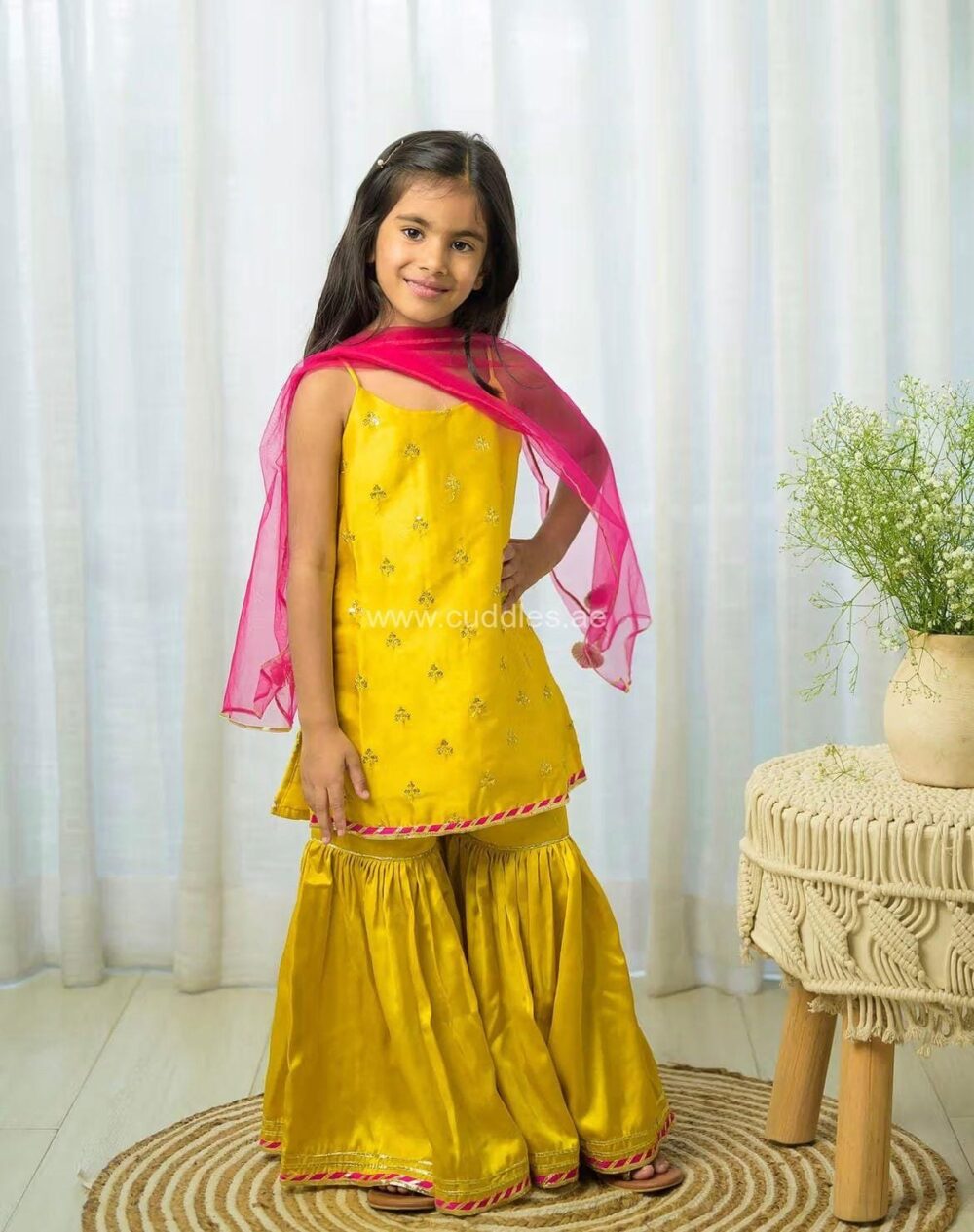 Golden yellow  straped Kurti with Sharara and Dupatta set