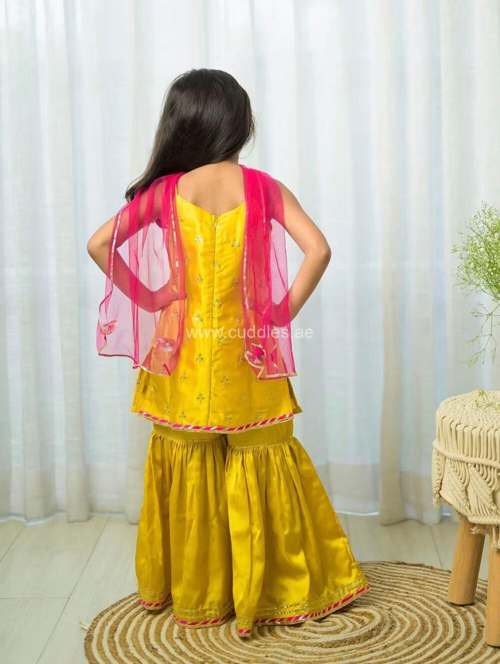 Golden yellow  straped Kurti with Sharara and Dupatta set - Image 2