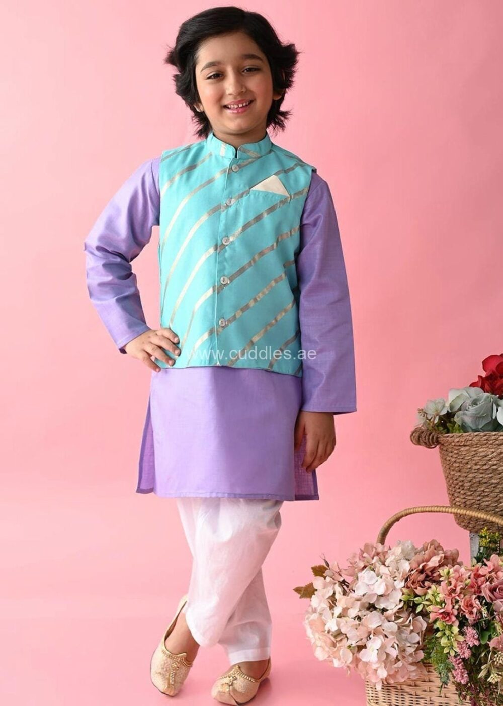 Purple and Blue Kurta with Pajama and Nehru jacket