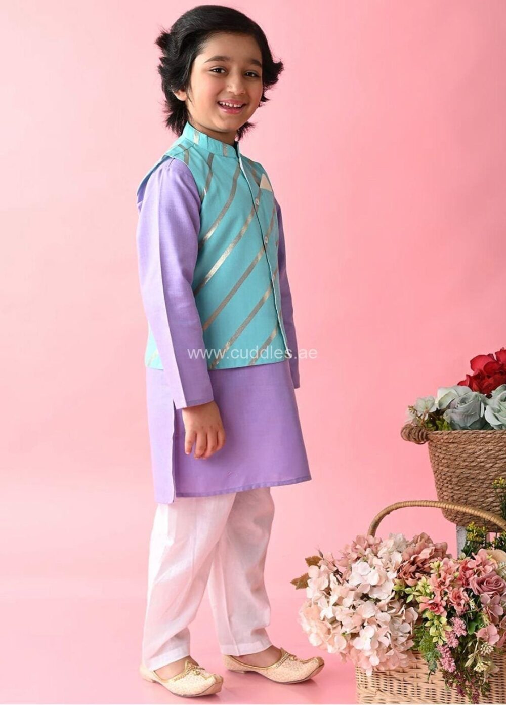 Purple and Blue Kurta with Pajama and Nehru jacket - Image 2