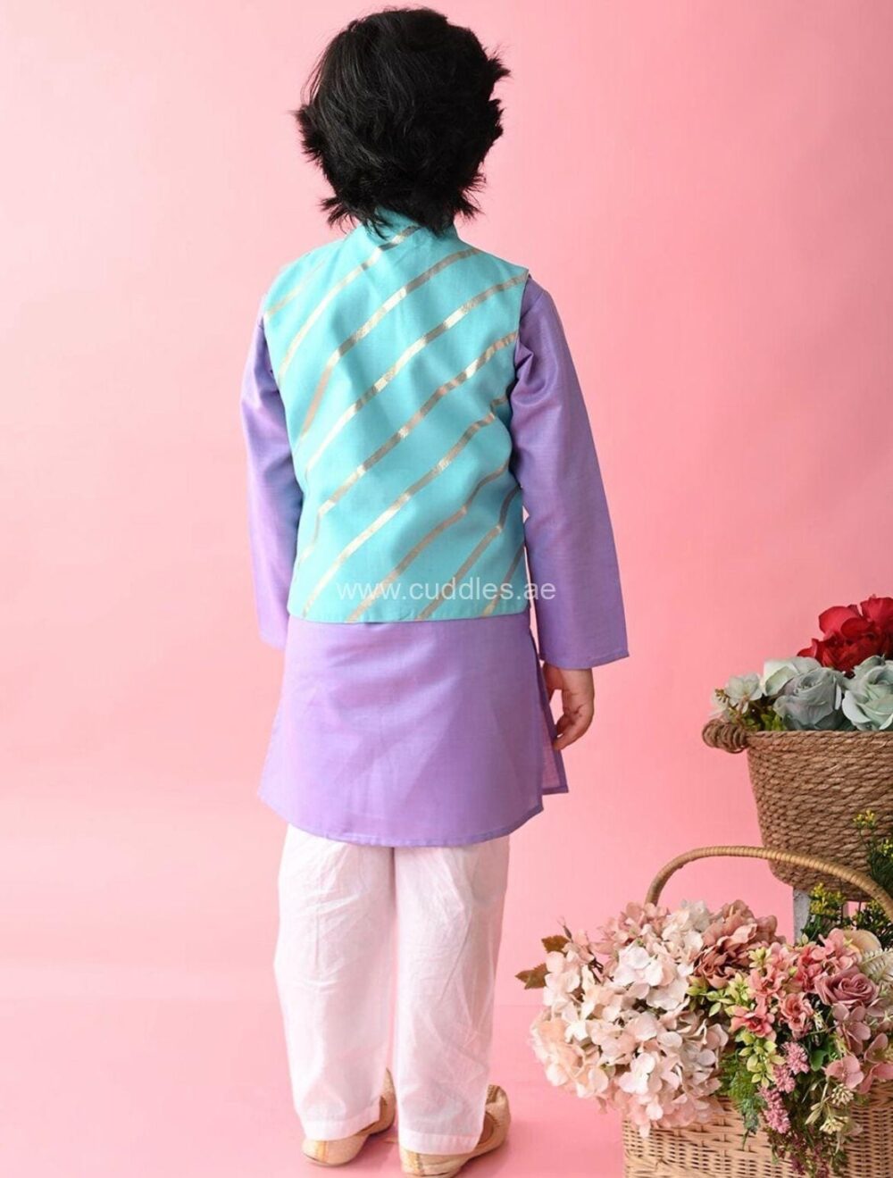 Purple and Blue Kurta with Pajama and Nehru jacket - Image 4