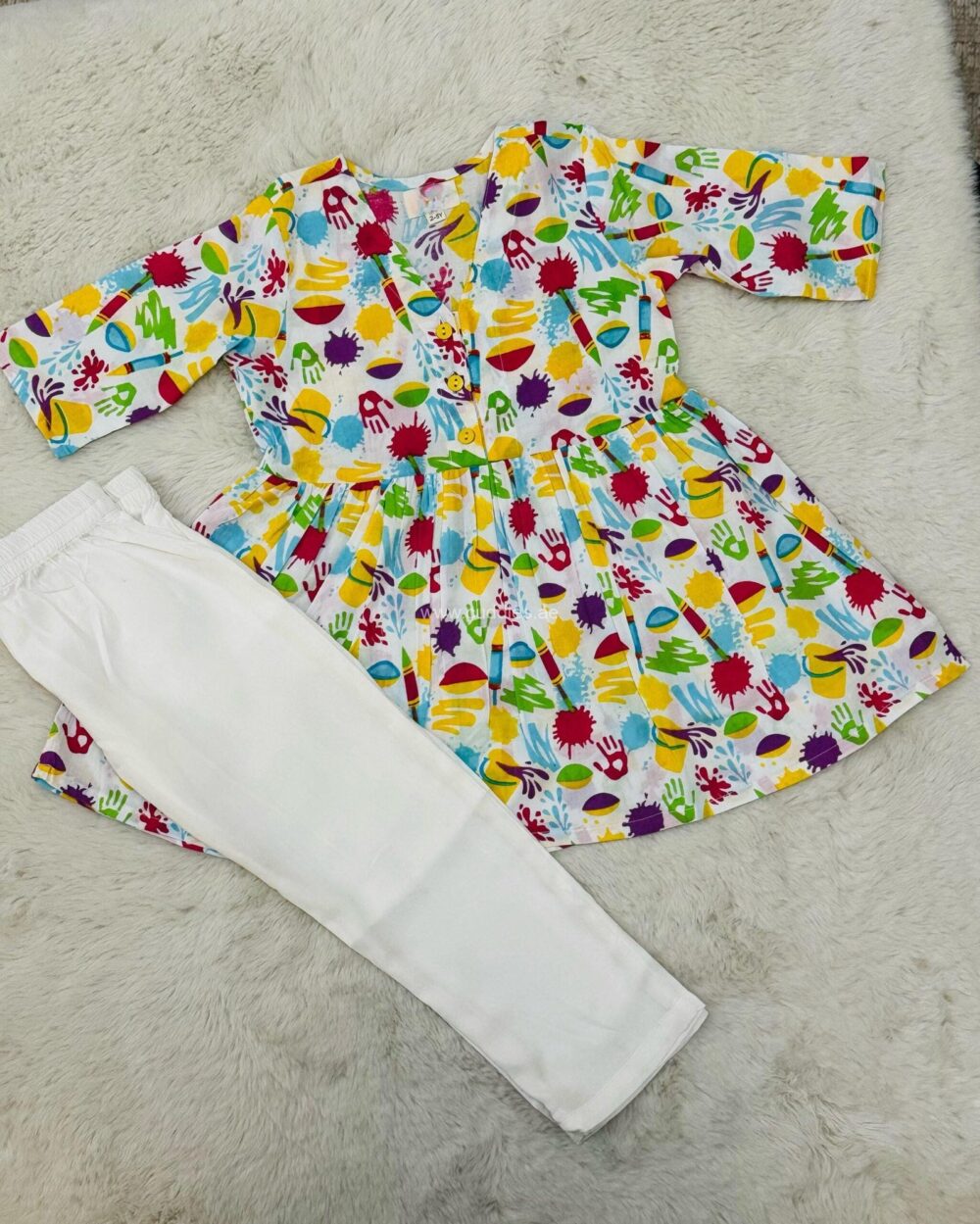 Holi special colorful pure cotton Kurti with off white pants - Image 2