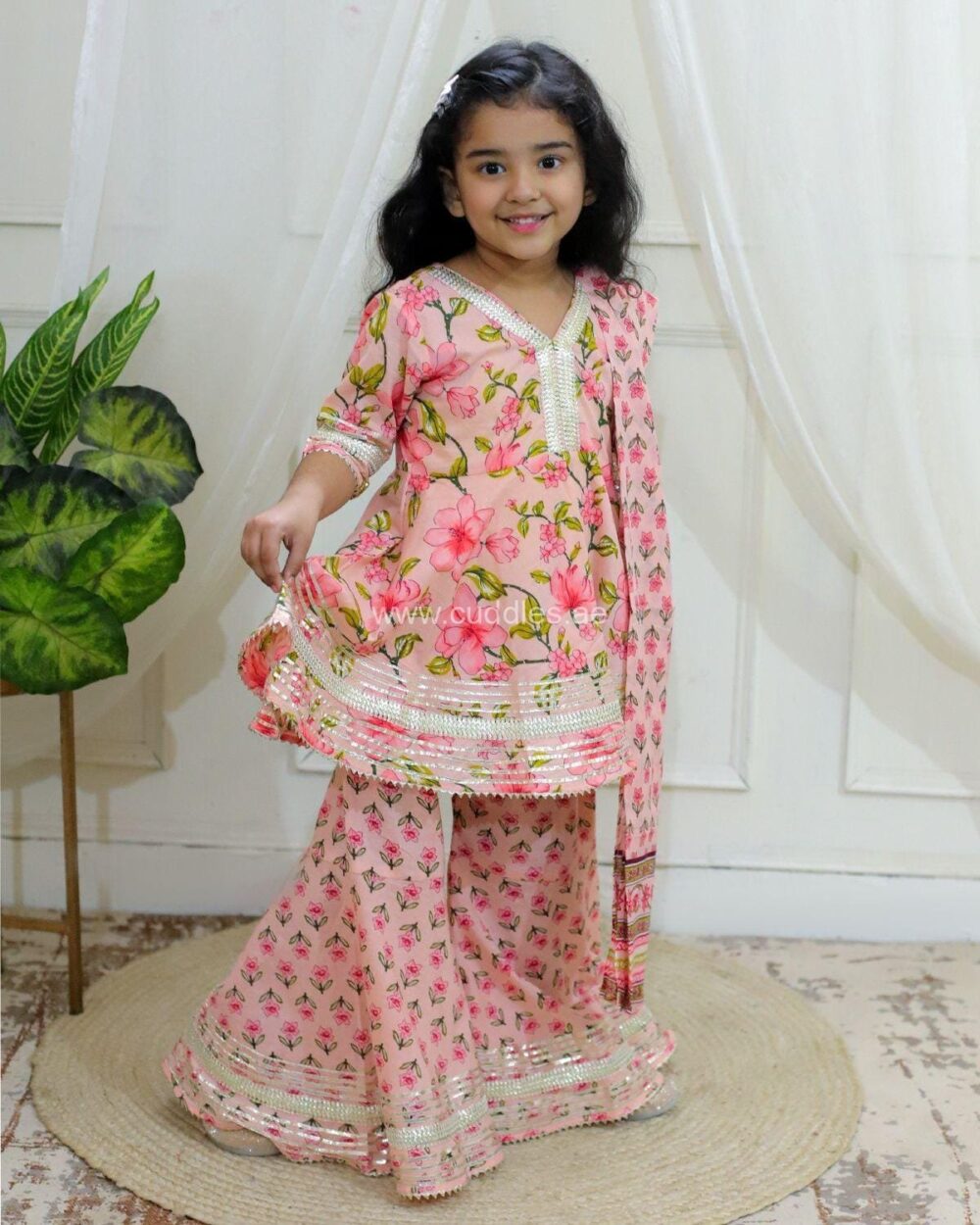 Powder pink Floral Kurti Sharara set with Dupatta - Image 3