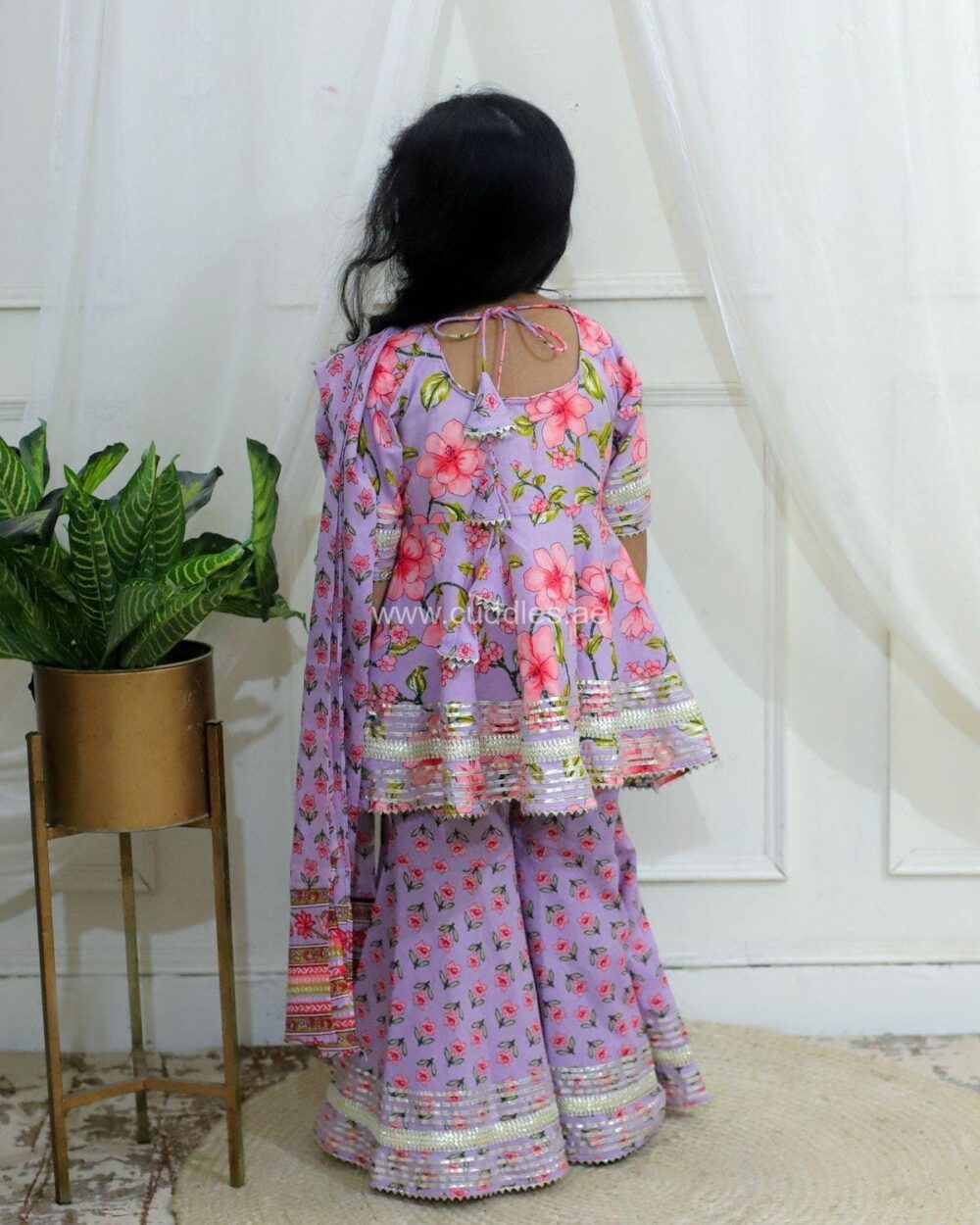 Lavender Floral Kurti Sharara set with Dupatta - Image 3