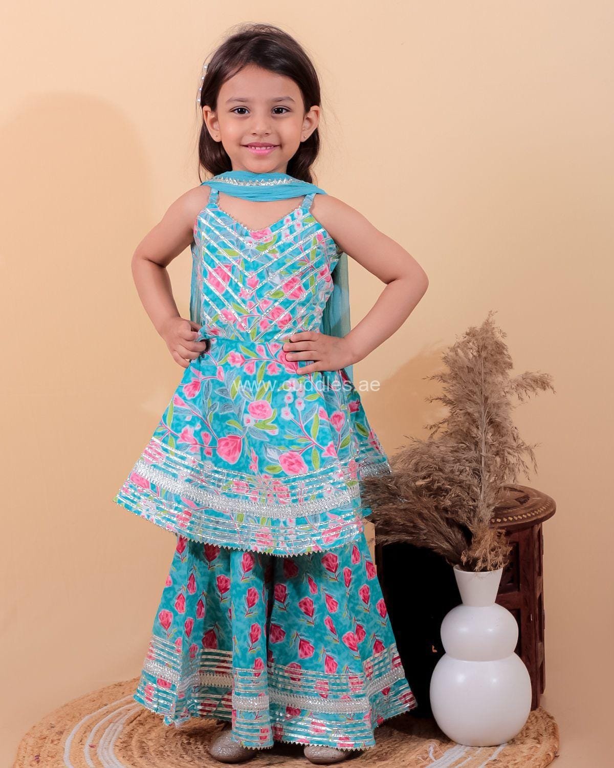 Women's A-Line Blue Printed Kurta Sets with Sharara & Dupatta main image 0