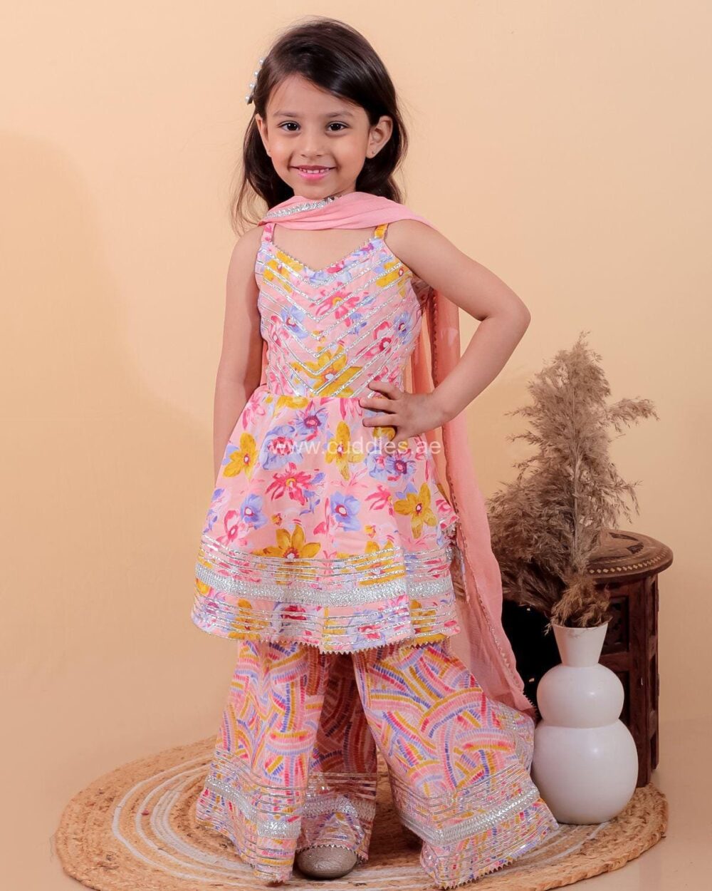 Powder Pink Kurti Sharara set with Dupatta - Image 3