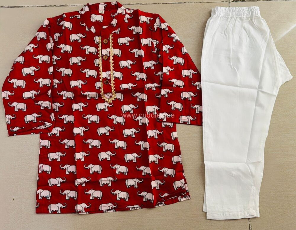 Red Elephant print Kurta pajama set - Image 3