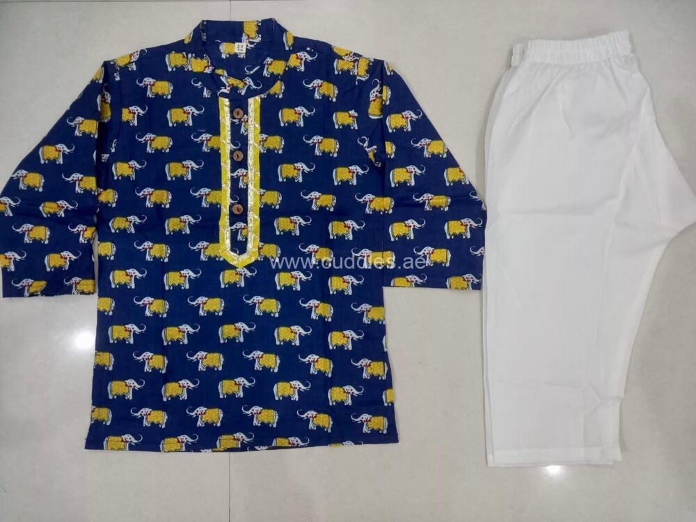 Royal blue Elephant print Kurta pajama set - Image 3