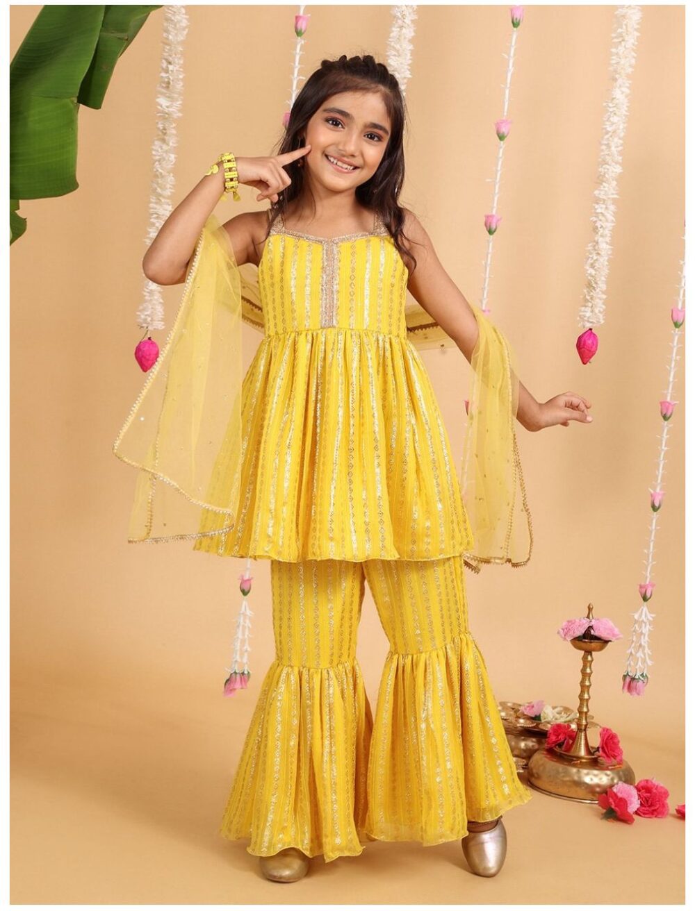 Yellow Kurta with Sharara and Dupatta - Image 2